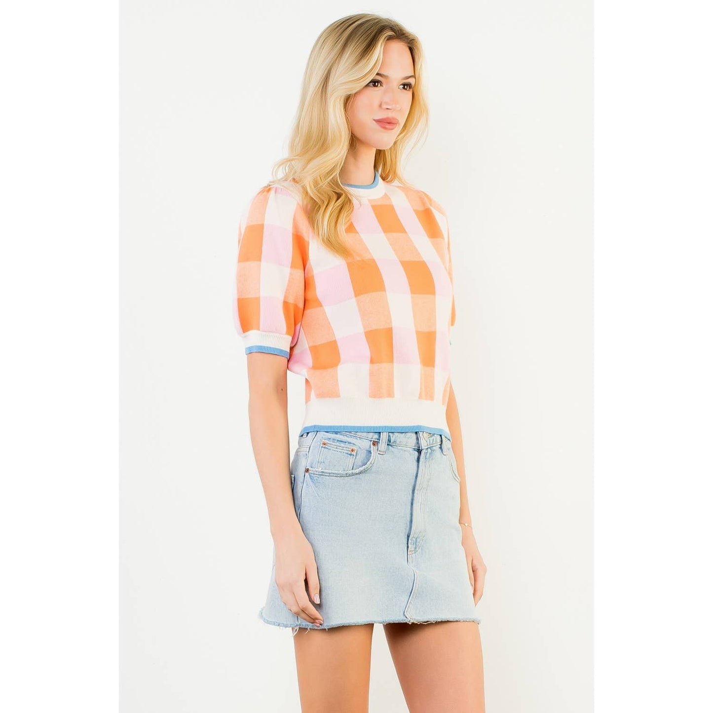 Short Sleeve Check Knit Top: CREAM / XS-S-M-L(1-2-2-1)