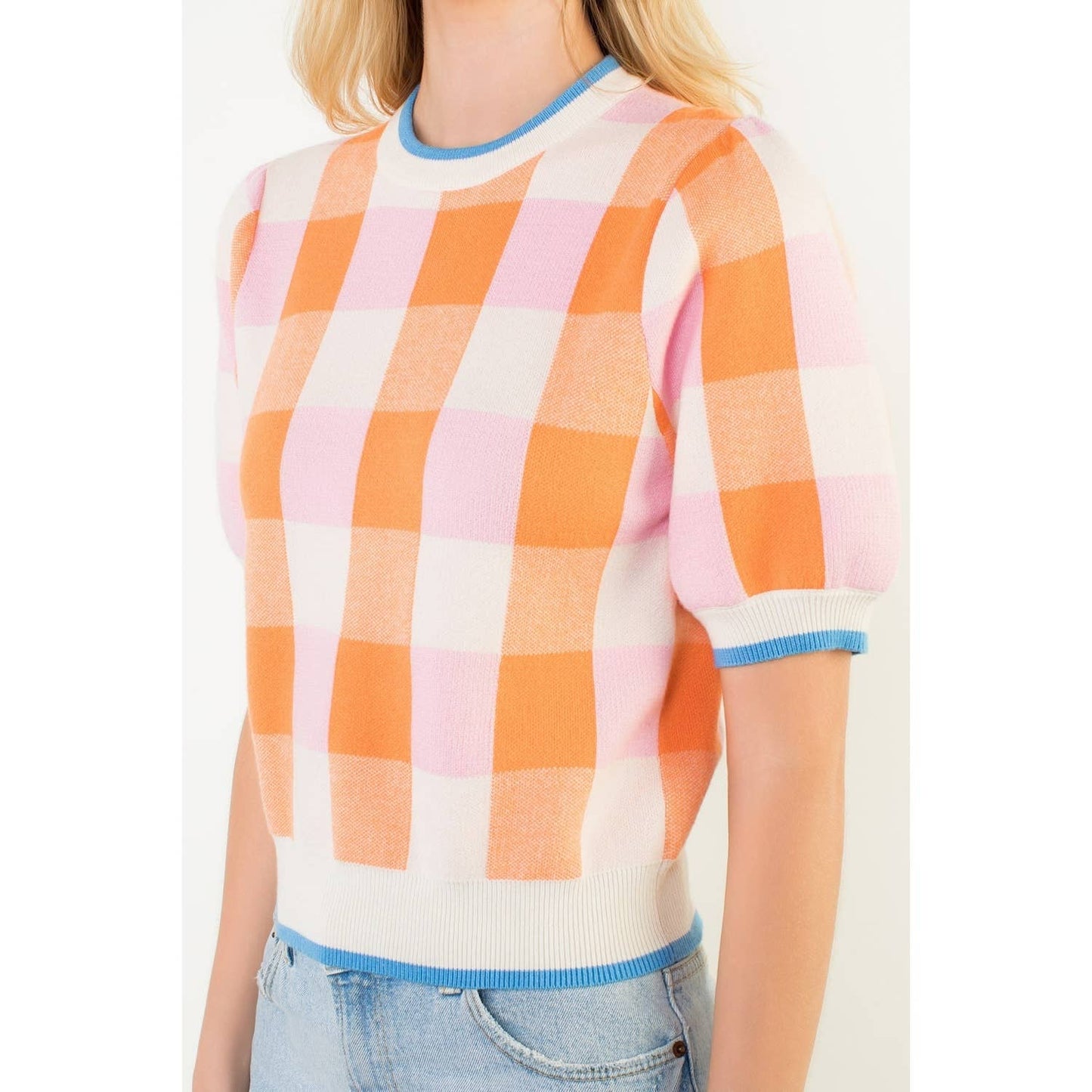Short Sleeve Check Knit Top: CREAM / XS-S-M-L(1-2-2-1)