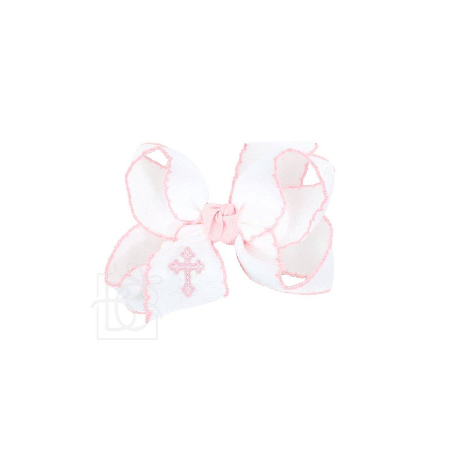 EMBROIDERED CROSS CROCHET EDGE BOWS: Antique white/ White / 4.5" Large Bow