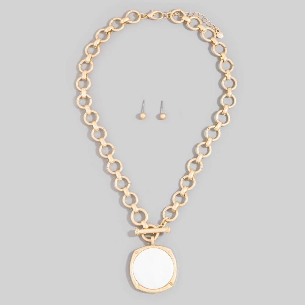 Rounded Mother Of Pearl Disc Pendant Necklace  Set: MOP