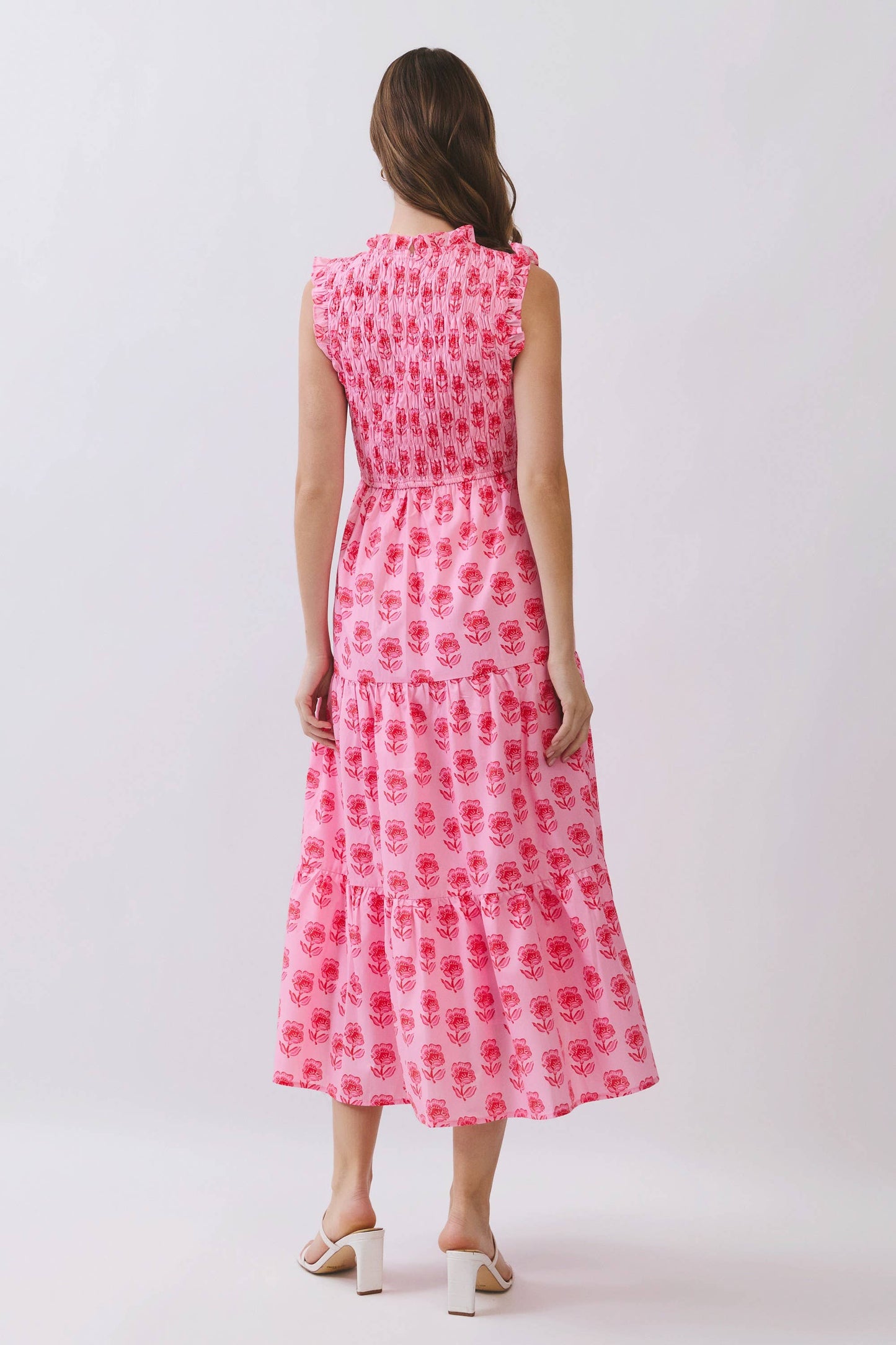 CD07108-Floral Print Smocked Bodice Tiered Midi Dress: Pink / S