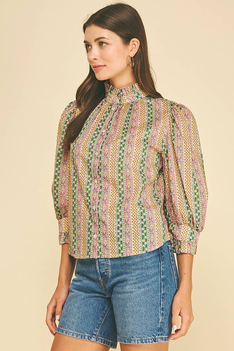 FLORAL BOTANICAL PRINT BUTTON DOWN BLOUSE - 7450T: GREEN MULTI / S