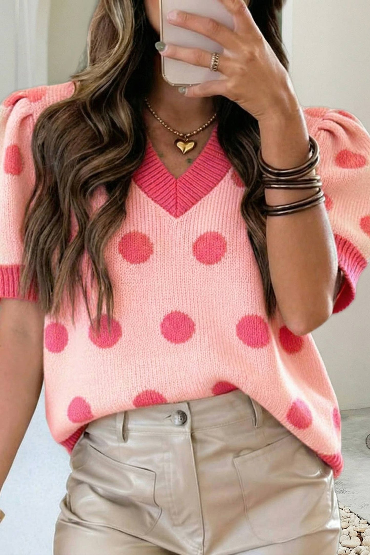 LDC Polka Dot Puff Short Sleeve V Neck Sweater Top: Pink / S