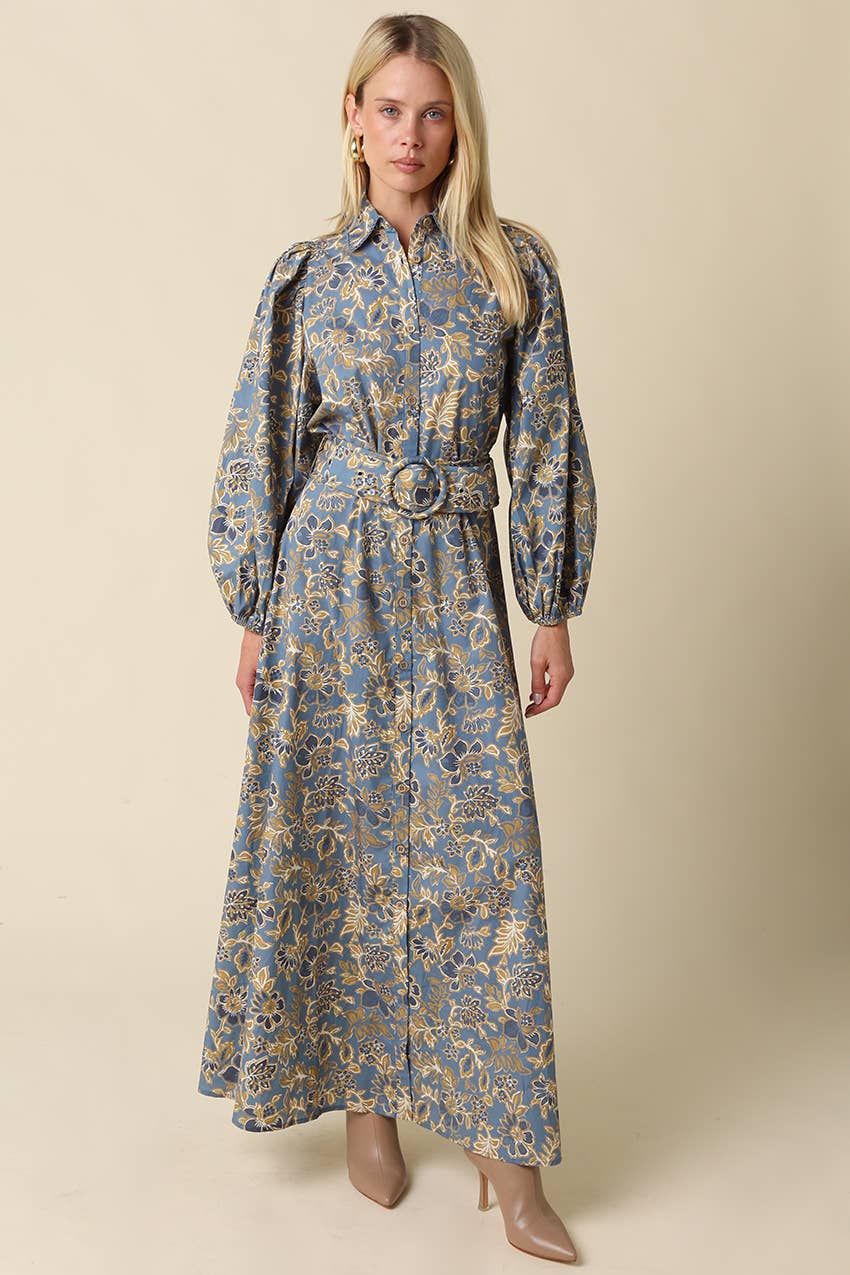 Jasmin Floral Belted Maxi Dress: Blue Grey Gold / M