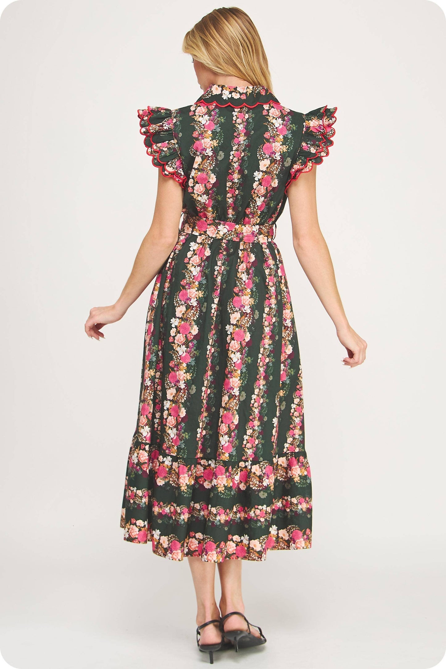 Ruffle Scallop Embroidery Floral Midi Dress: Deep Green/pink Multi / S