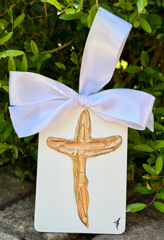 Textured cross Christmas ornament with satin ribbon : Gold