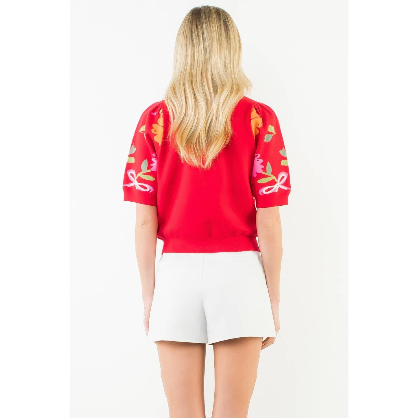 Short Sleeve Floral Detail Knit Top: RED / XS-S-M-L(1-2-2-1)