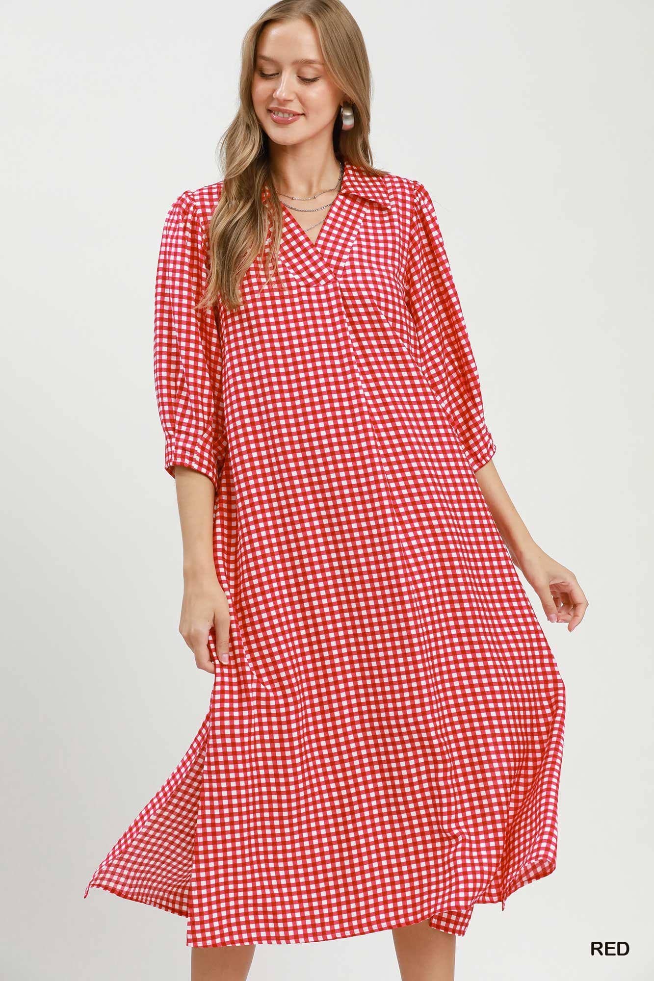Gingham Check Collared Midi Dress: RED / 2-2-2(S-M-L)
