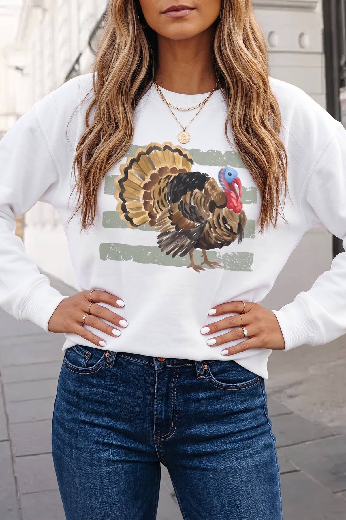 Thanksgiving Turkey Crewneck Graphic Sweatshirt | S-XL : White / XL