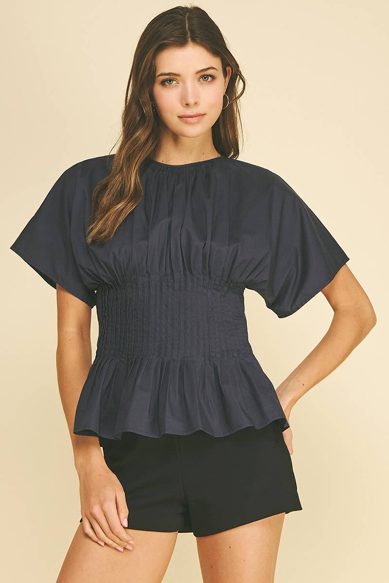 PLEATED WAIST PEPLUM TOP - 7090T: NAVY / M