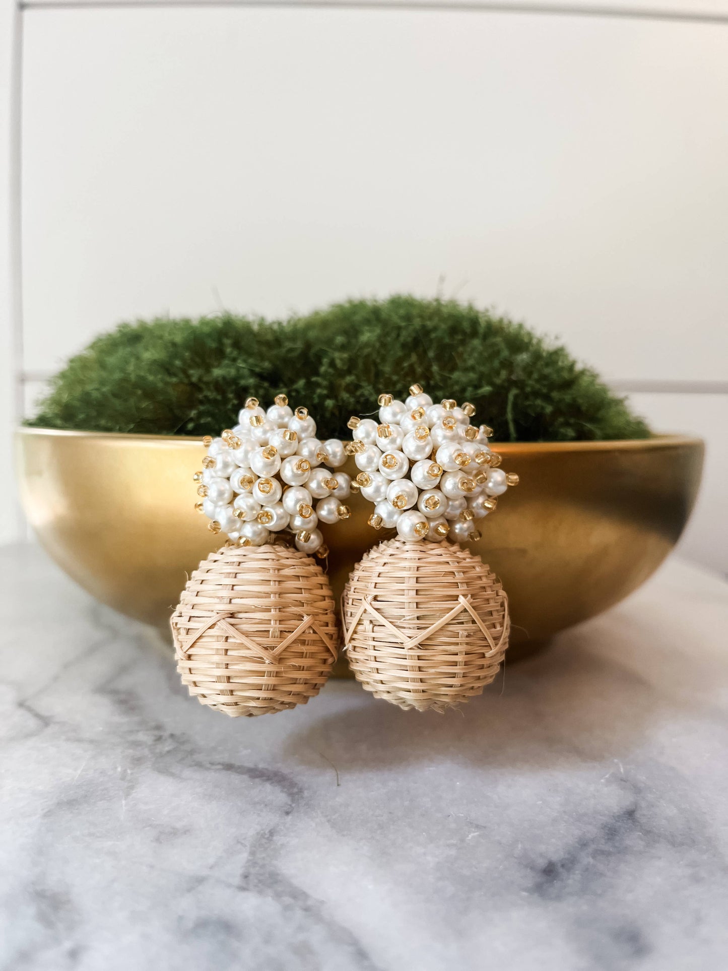 Pearl cluster and Rattan ball Statement Earrings