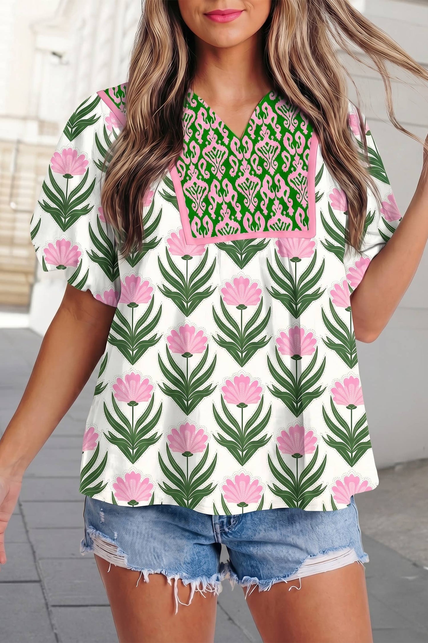 Floral Print Puff Sleeve Contrast V Neck Blouse | S-XL: Multicolour / L
