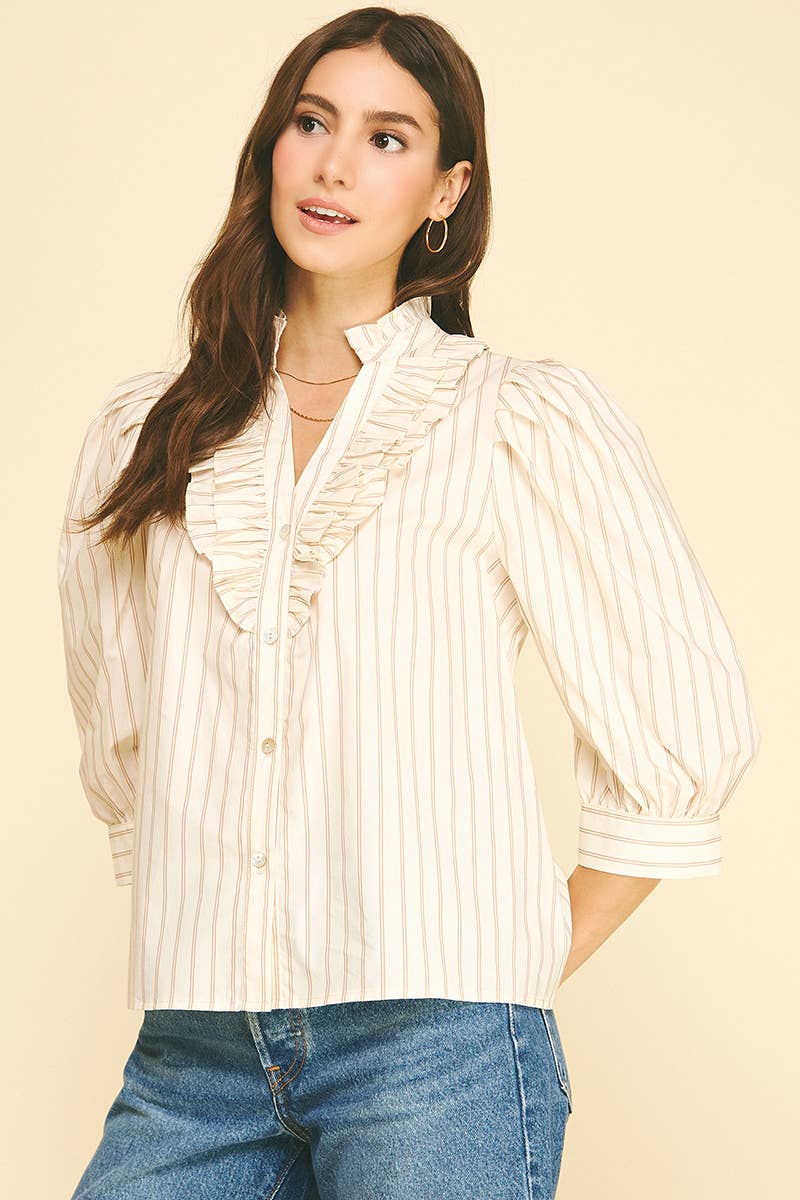STRIPED RUFFLED COLLAR PUFF SLEEVE BLOUSE - 6241TA: CREAM/TAUPE / M