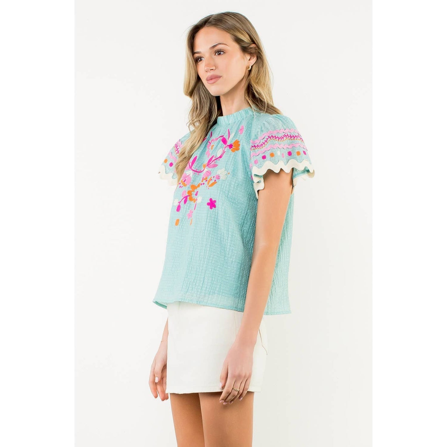 Flutter Sleeve Embroidered Detail Textured Top: AQUA / XS-S-M-L(1-2-2-1)