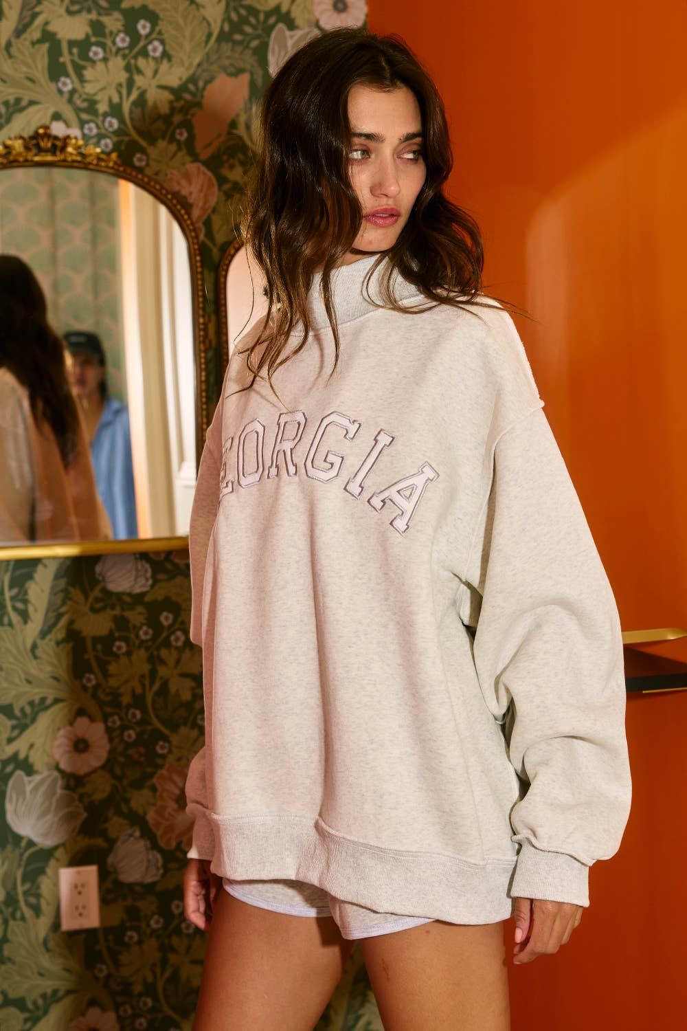 IT2594E-GEORGIA 'GEORGIA' Embroidered Mock Neck Sweatshirt: ASH GREY / S/M-L/XL (3-3)