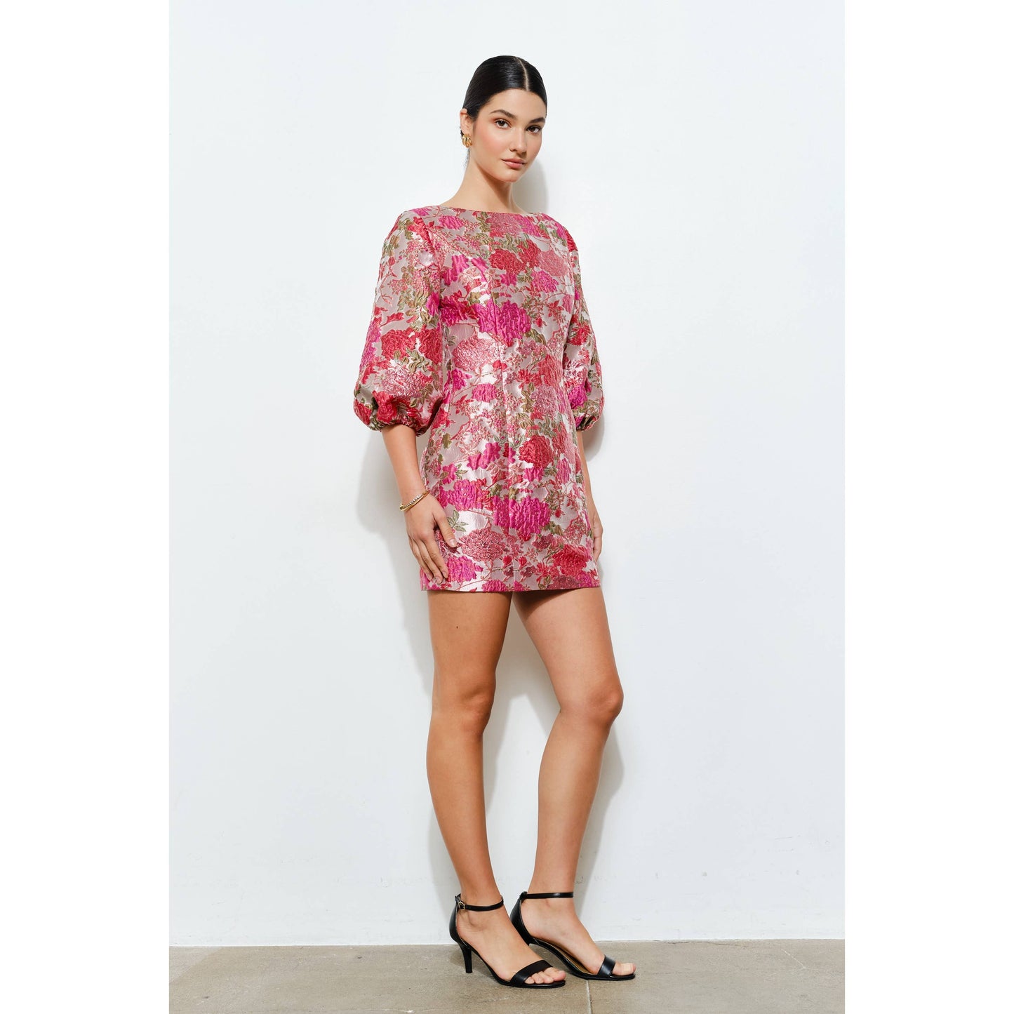 Luxe Metallic Floral Jacquard 3/4 Puff Mini Dress: CORAL / S