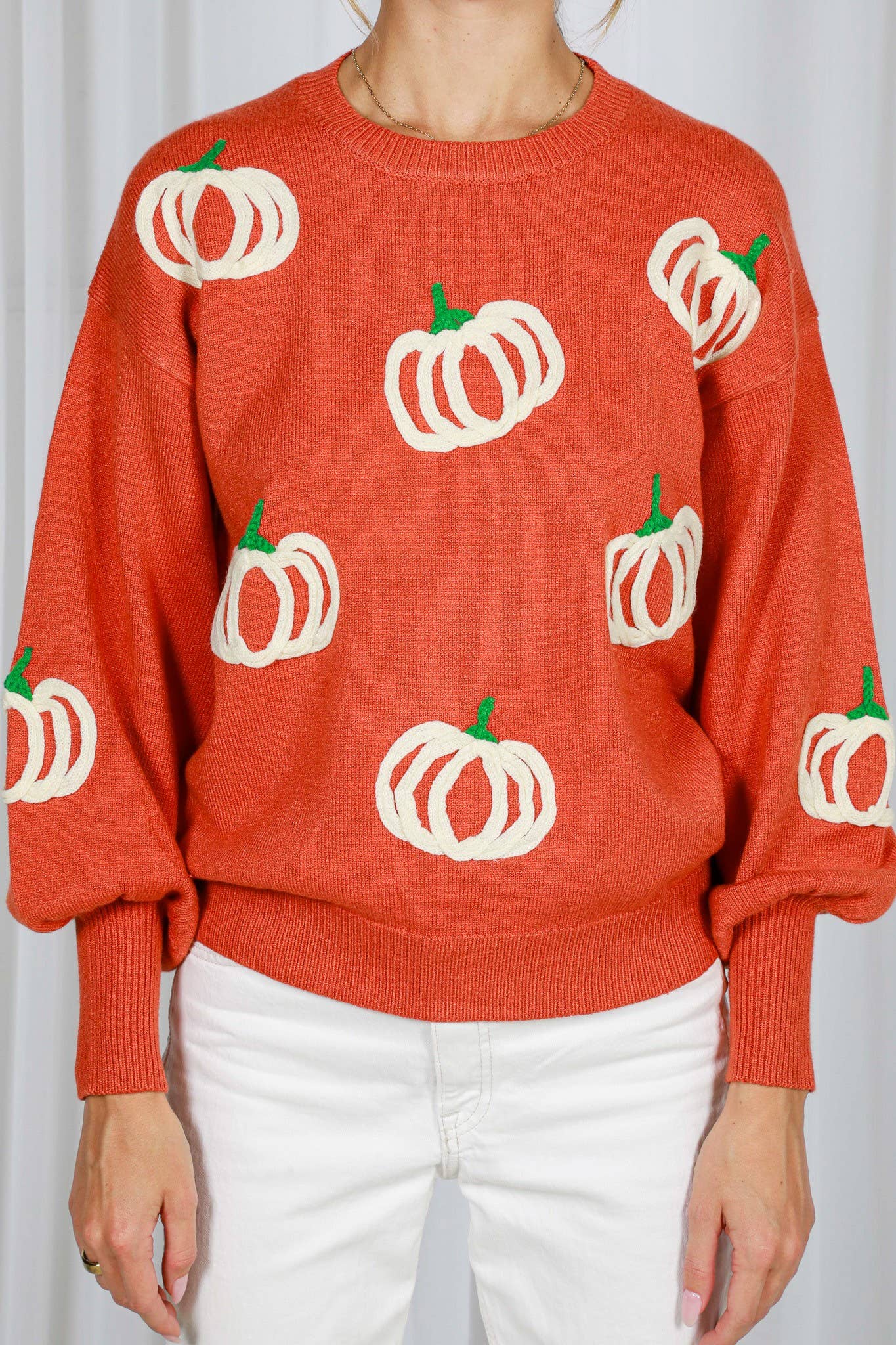 Pumpkin Embroidered Crew Neck Knitted Sweater Top VT82559: Cream / L