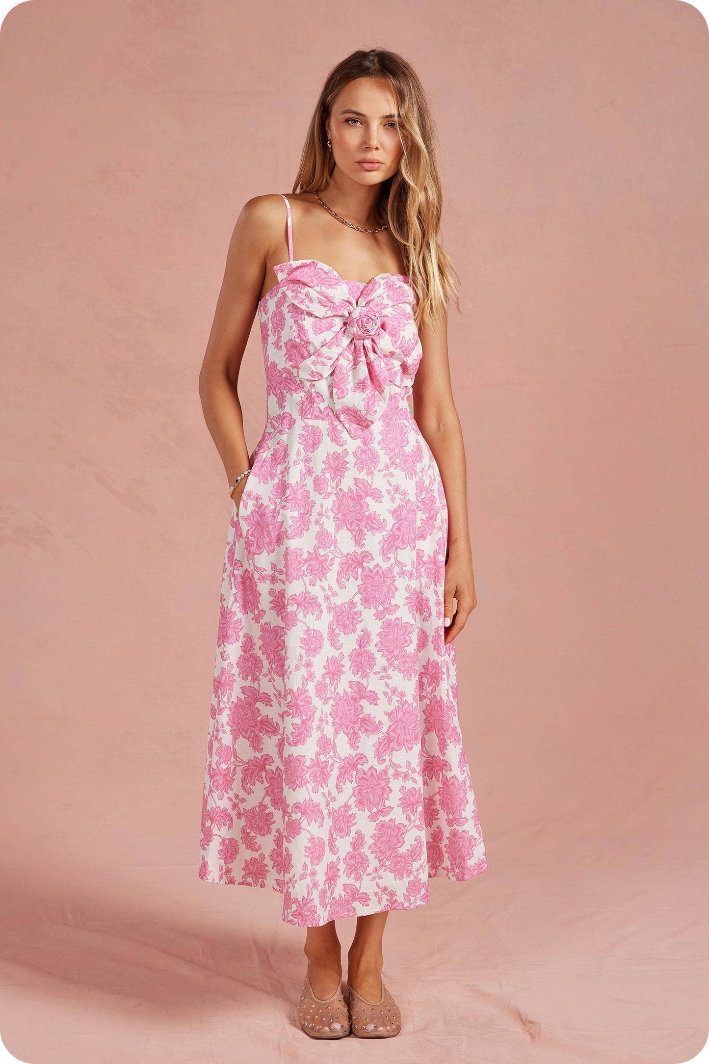 Botanical Garden Bow Flower Sleeveless Midi Dress: Pink/white / M