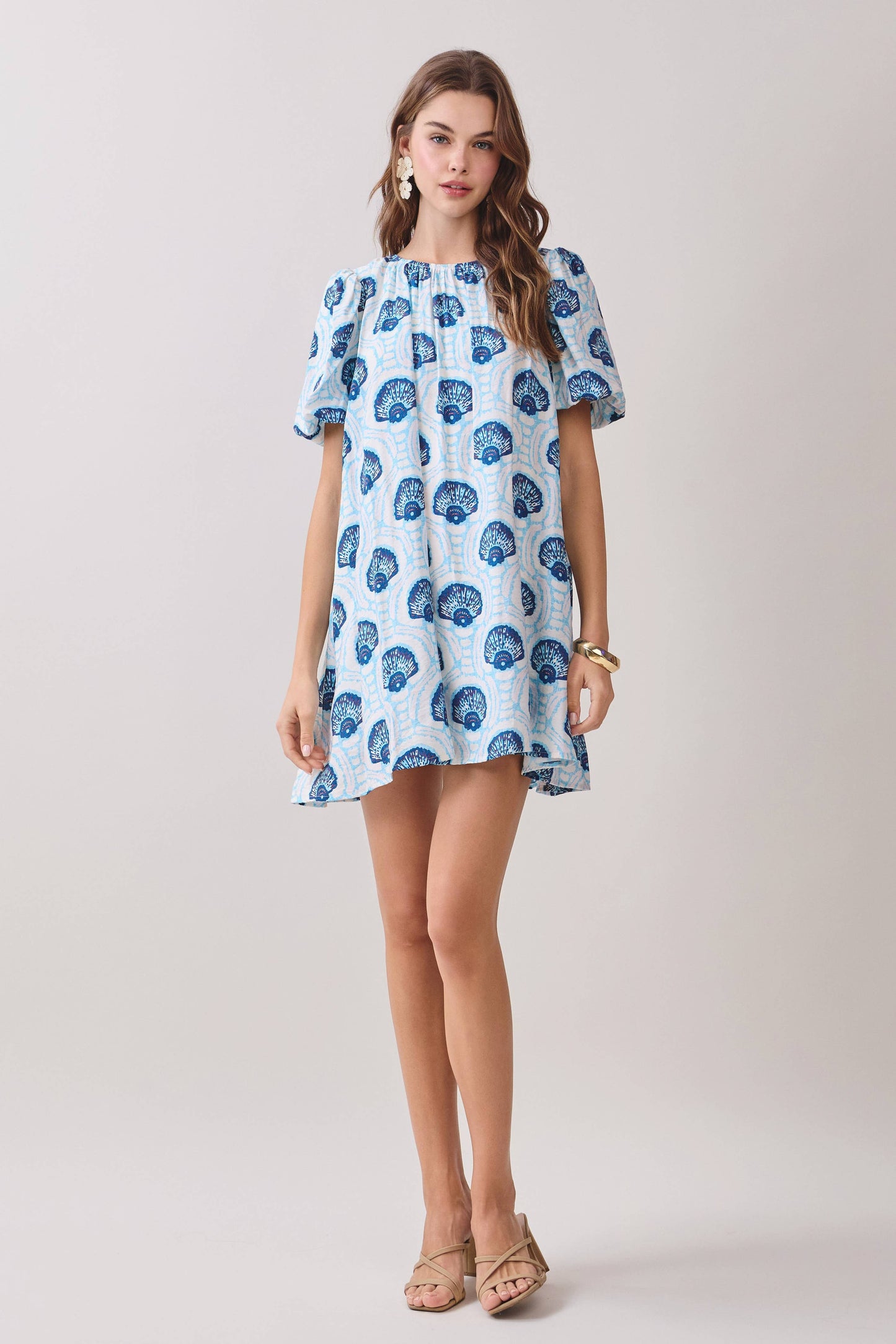 CD06808-Printed Relaxed Flowy Fit Puff Sleeves Dress: Blue / S
