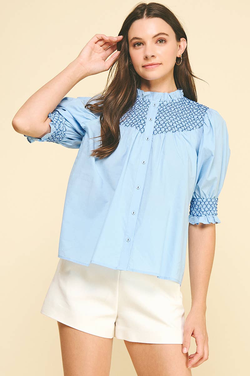 EMBROIDERED BUTTON DOWN BLOUSE TOP - 4951TB: Pink / S
