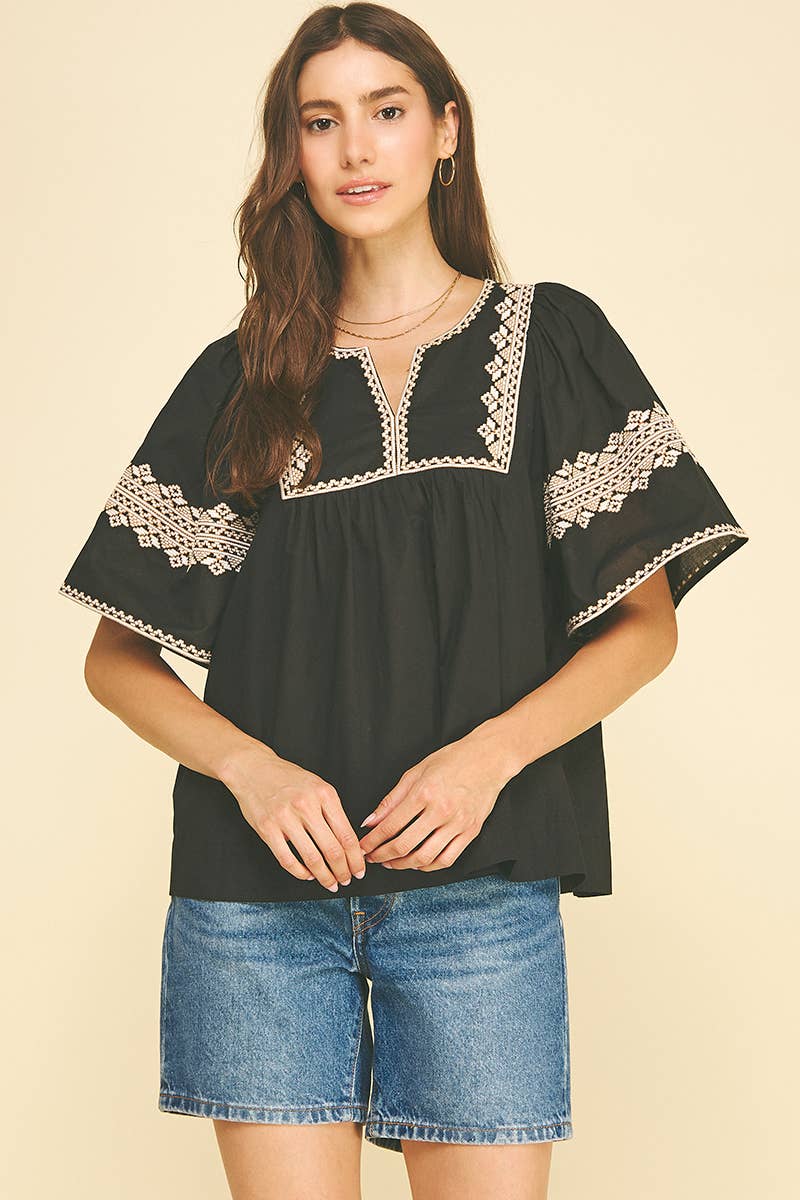 BOHO EMBROIDRED PUFF SLEEVE BLOUSE - 7132T: Blue / M