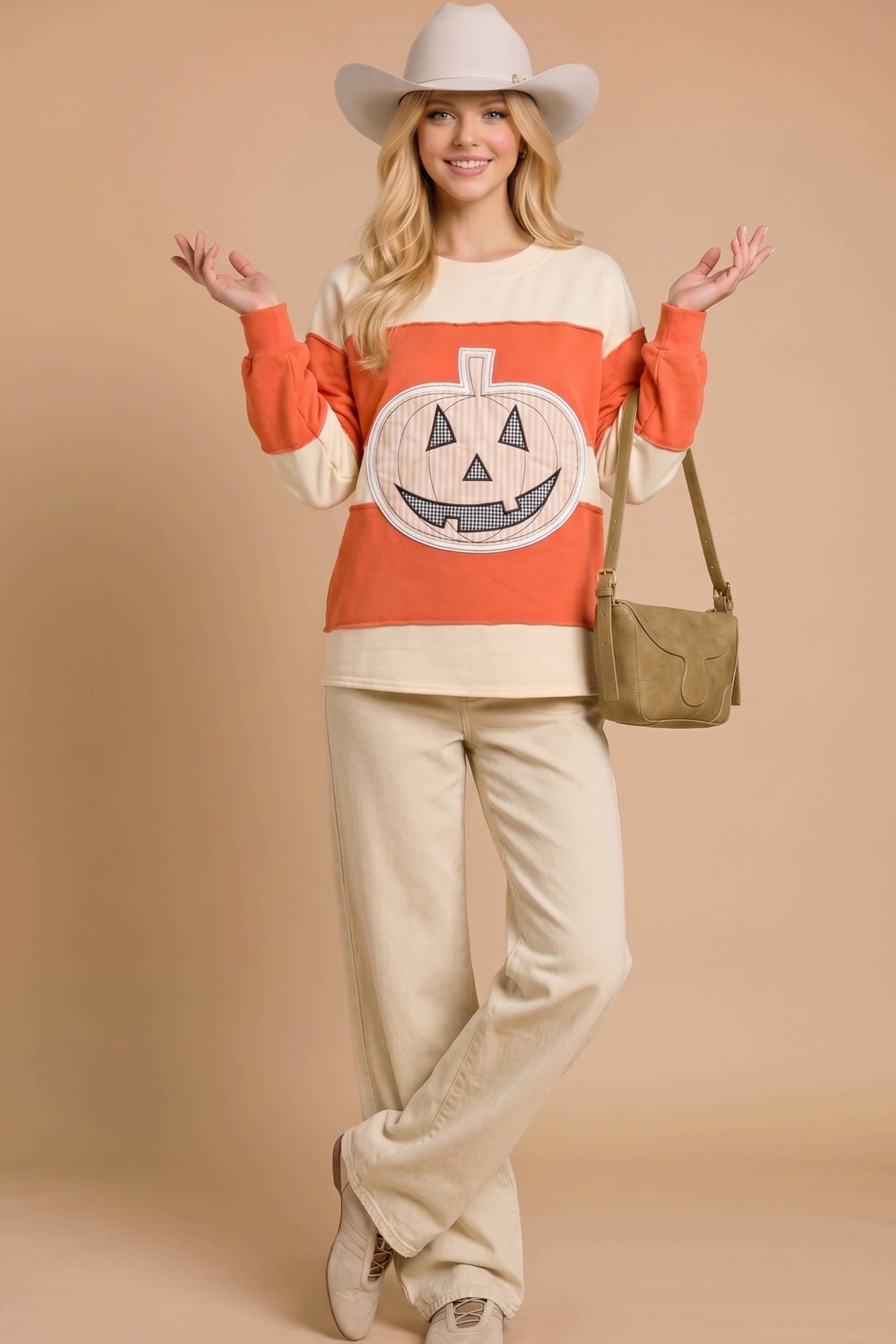 Pumpkin Appliqué Color Block Pullover: BURNT ORANGE/CREAM / S-M-L (2-2-2)