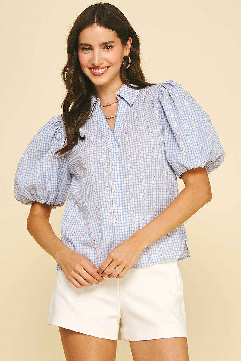 FLORAL PLAID BLOUSE TOP - 5707TD: LIGHT BLUE / M