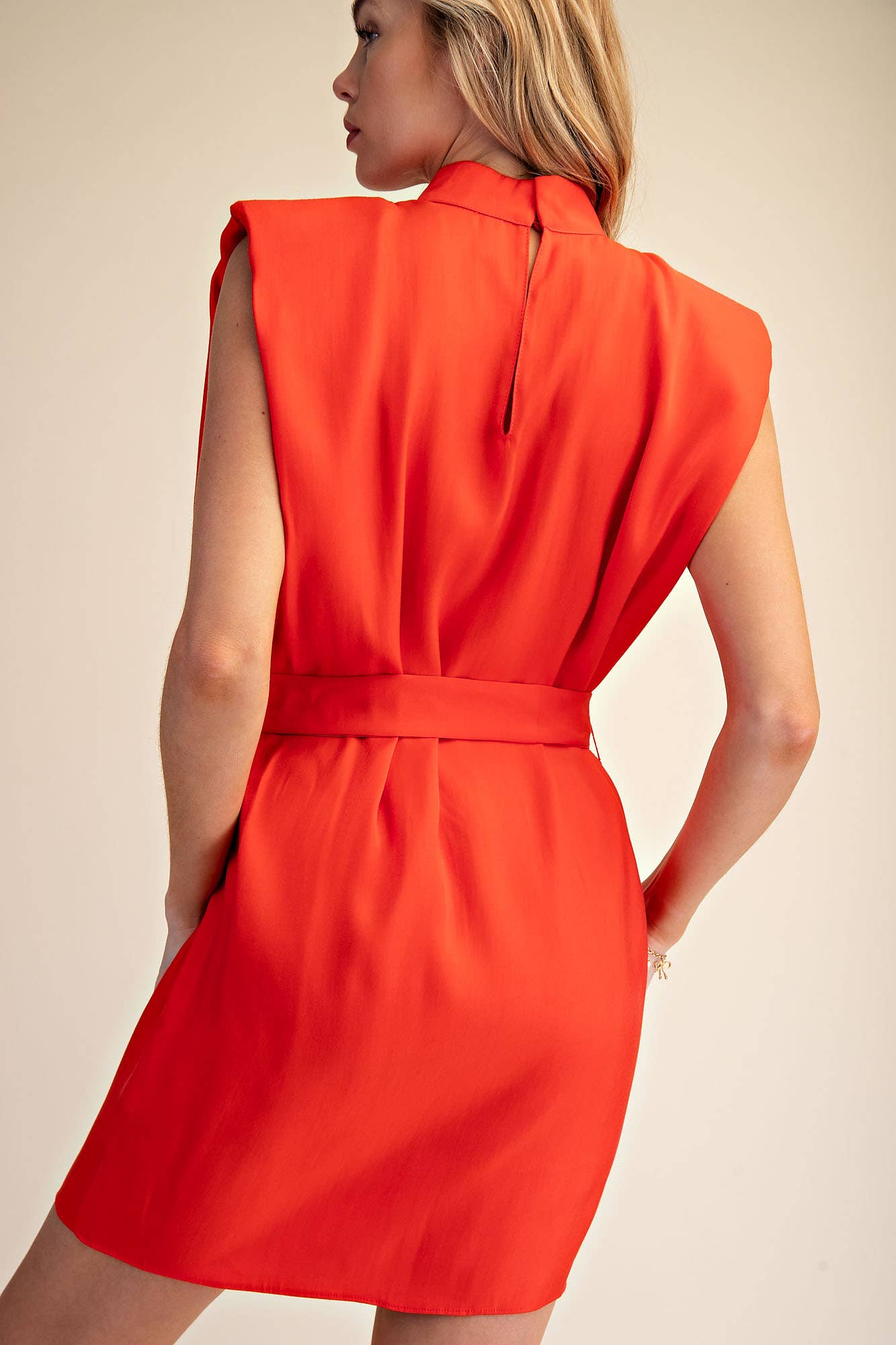 Mock Neck Shoulder Padded Waist Tie Mini Satin Dress: Fuchsia / S