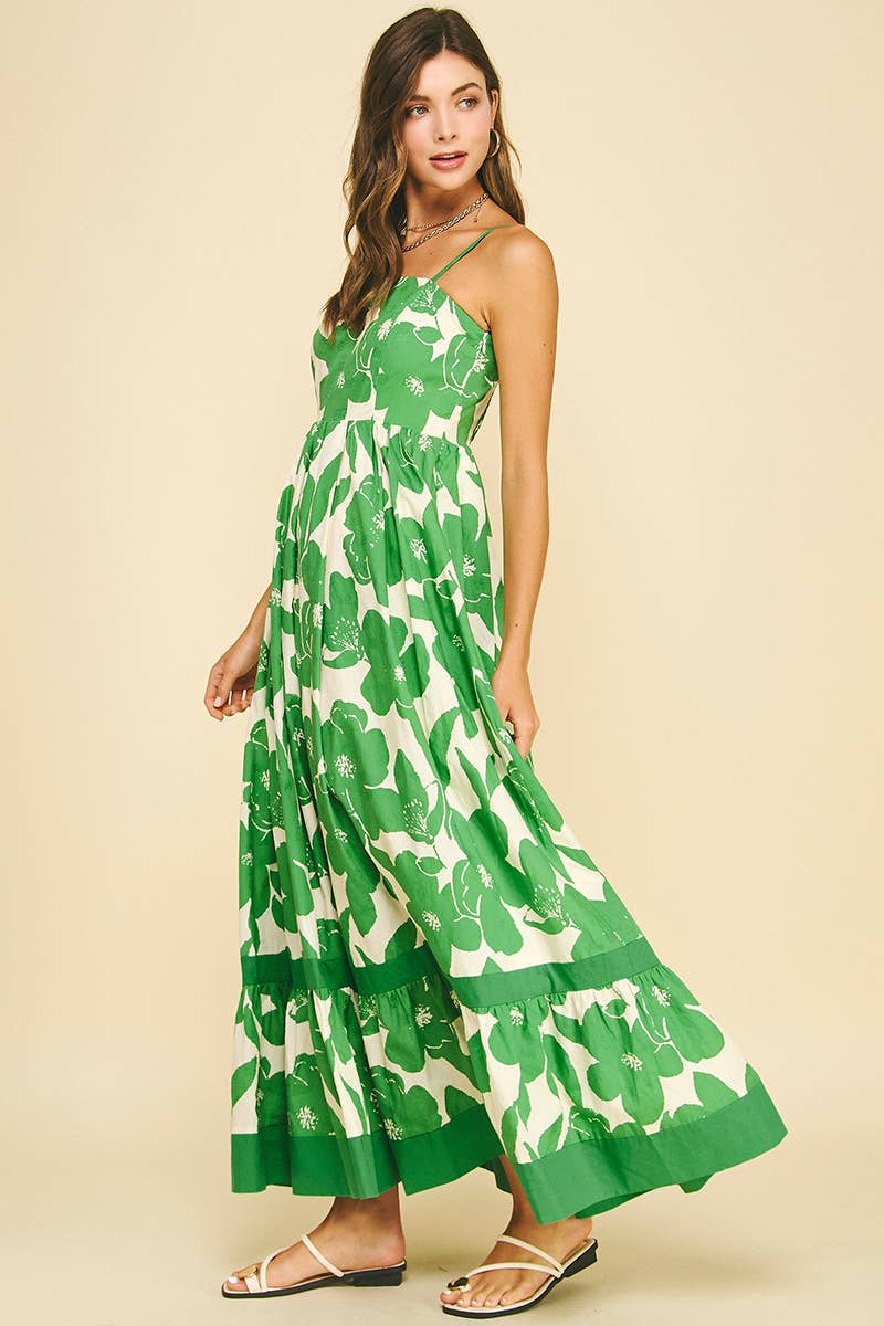 FLORAL TIERED MAXI DRESS - 6658D: GREEN FLORAL / M