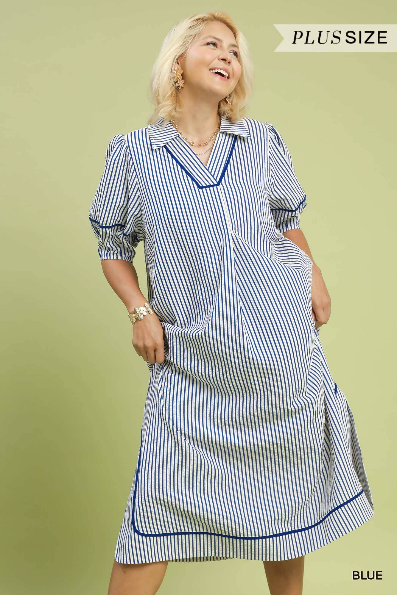 Plus Striped Midi Dress With Puff Sleeves: LT OLIVE / 1-1-1(XL-1XL-2XL)