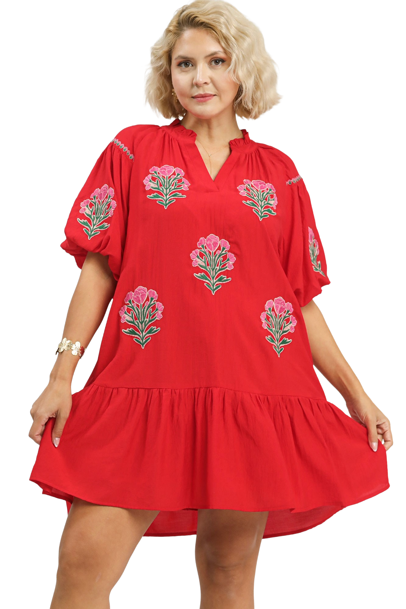 Plus Boho Floral Embroidered Mini Dress: KELLY GREEN / 1-1-1(XL-1XL-2XL)