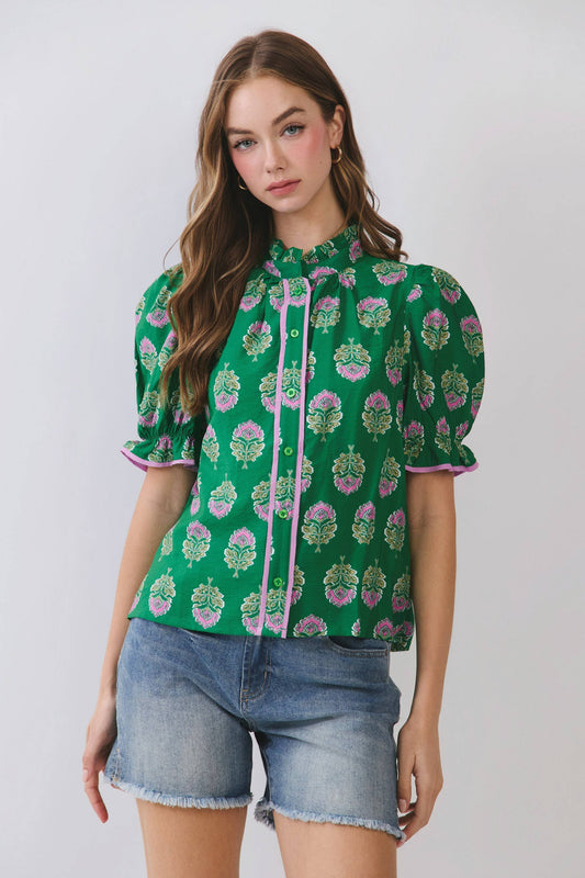 CT9993-Floral Block Print Ruffle Neck Puff Sleeve Top: Green / L
