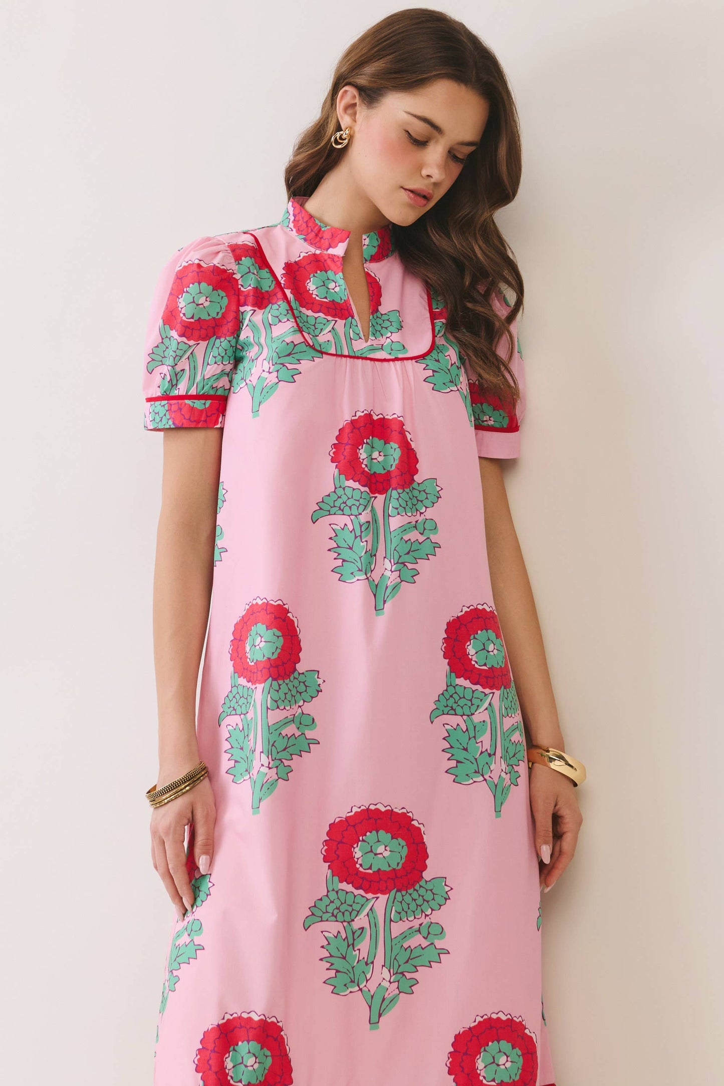 CD06976-Floral Print Mandarin Collar Midi Dress: Pink / L