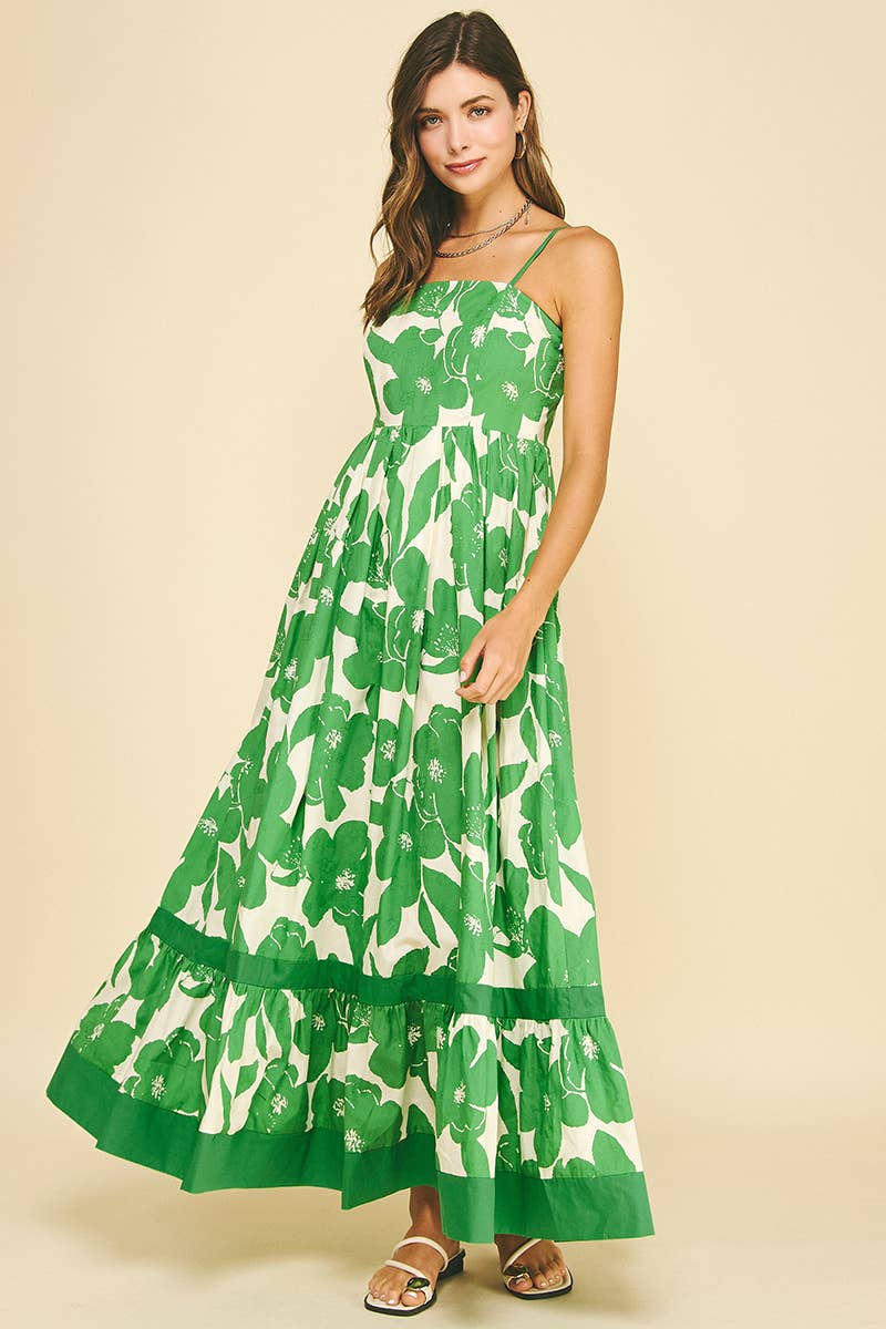 FLORAL TIERED MAXI DRESS - 6658D: GREEN FLORAL / L
