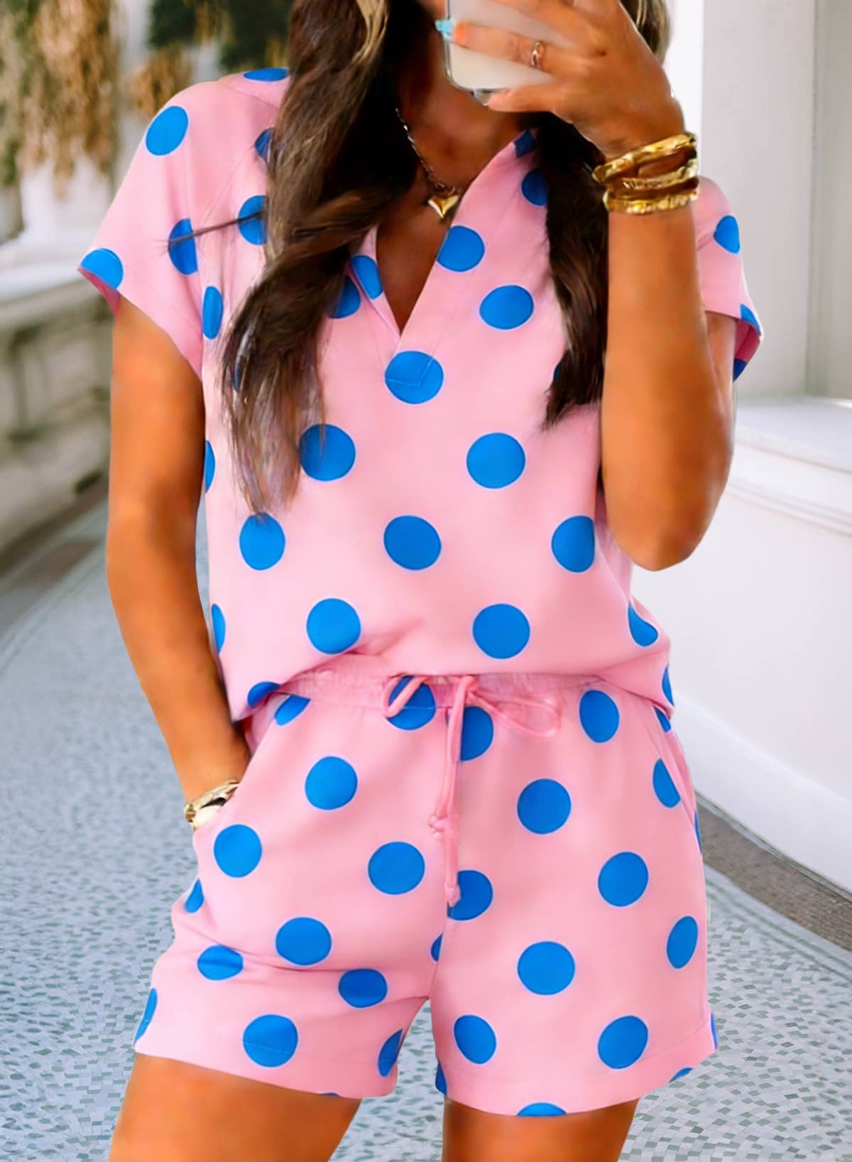 LDC Polka Dot Print V Neck Tee Short Set: Green / L