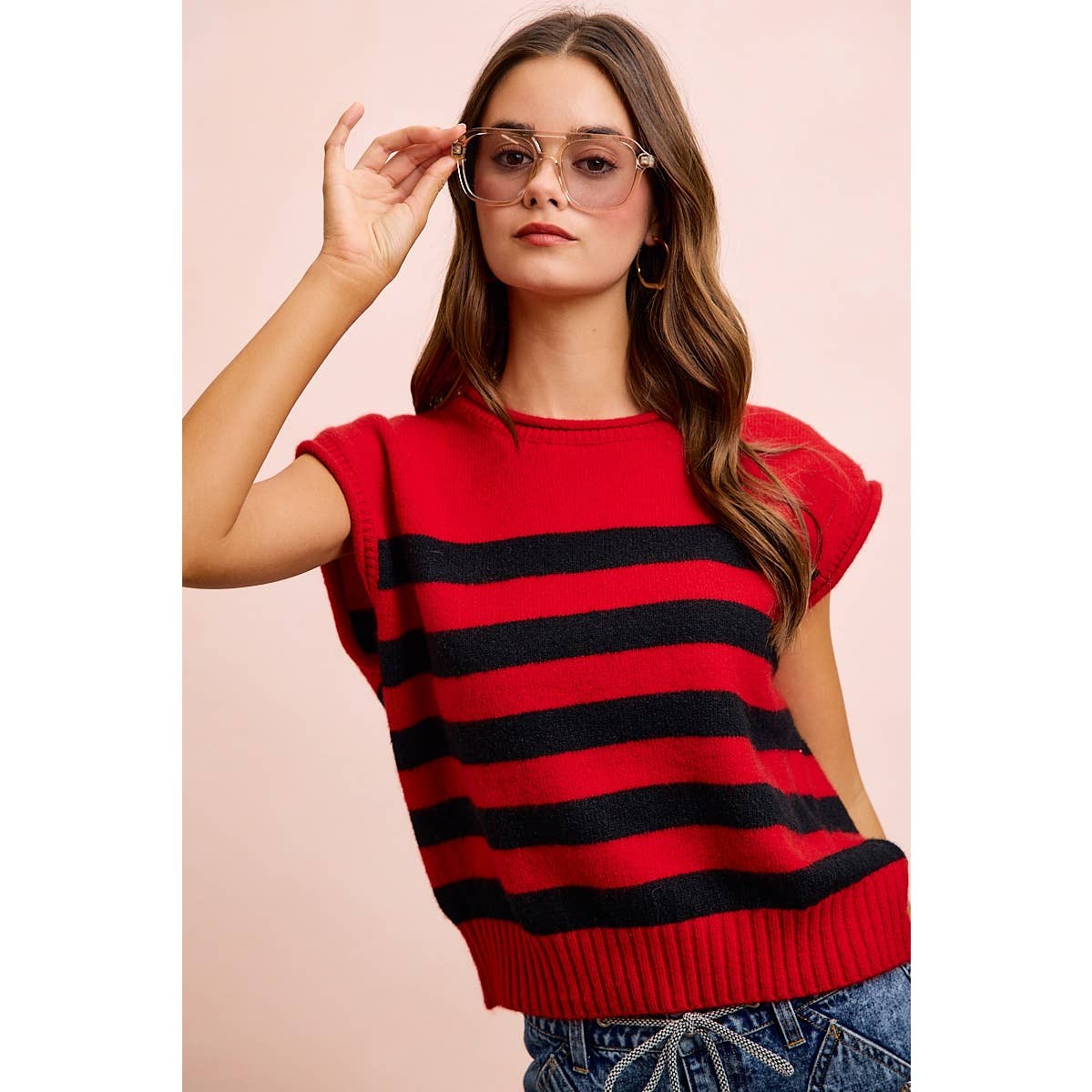 GAMEDAY THEME STRIPED SLEEVELESS KNIT TOP: RED/BLACK / S