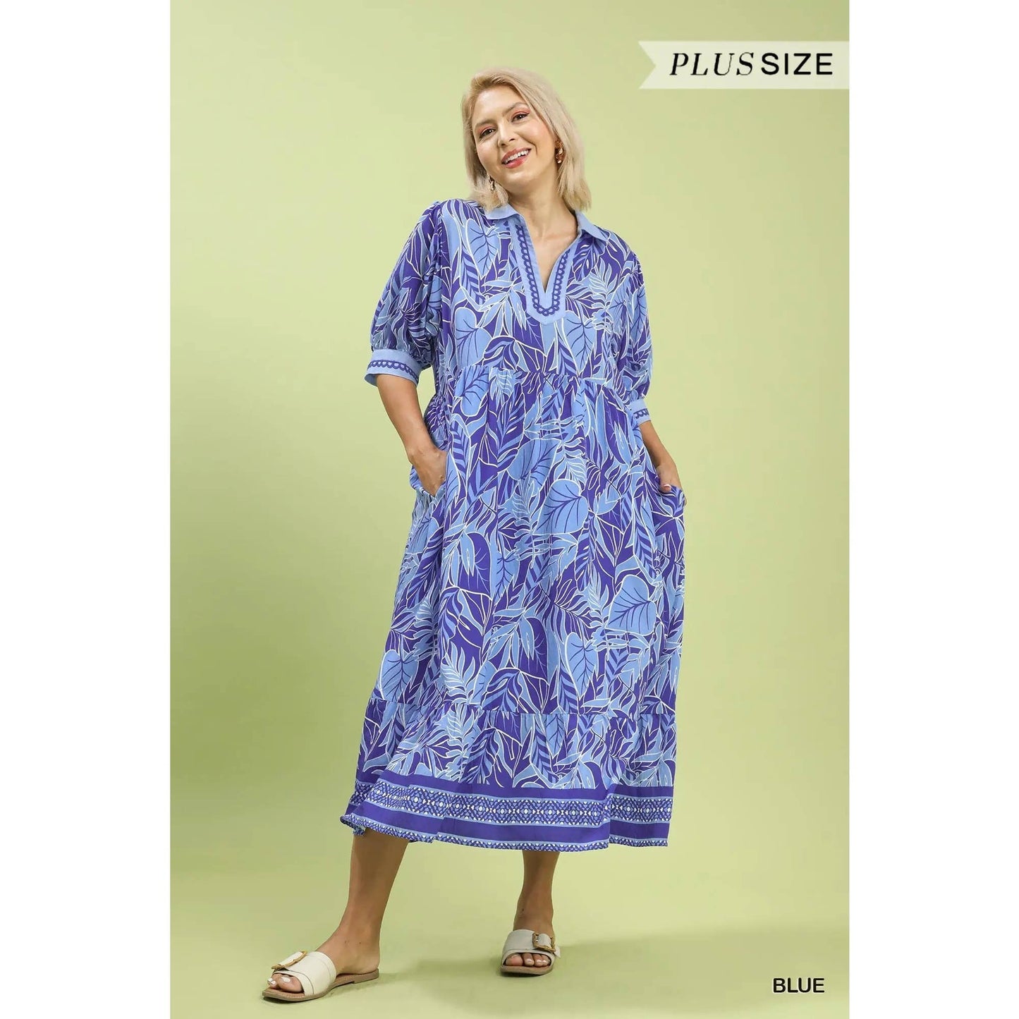 PLUS Leafy Border Print V-Neck Midi Dress : BLUE / XL