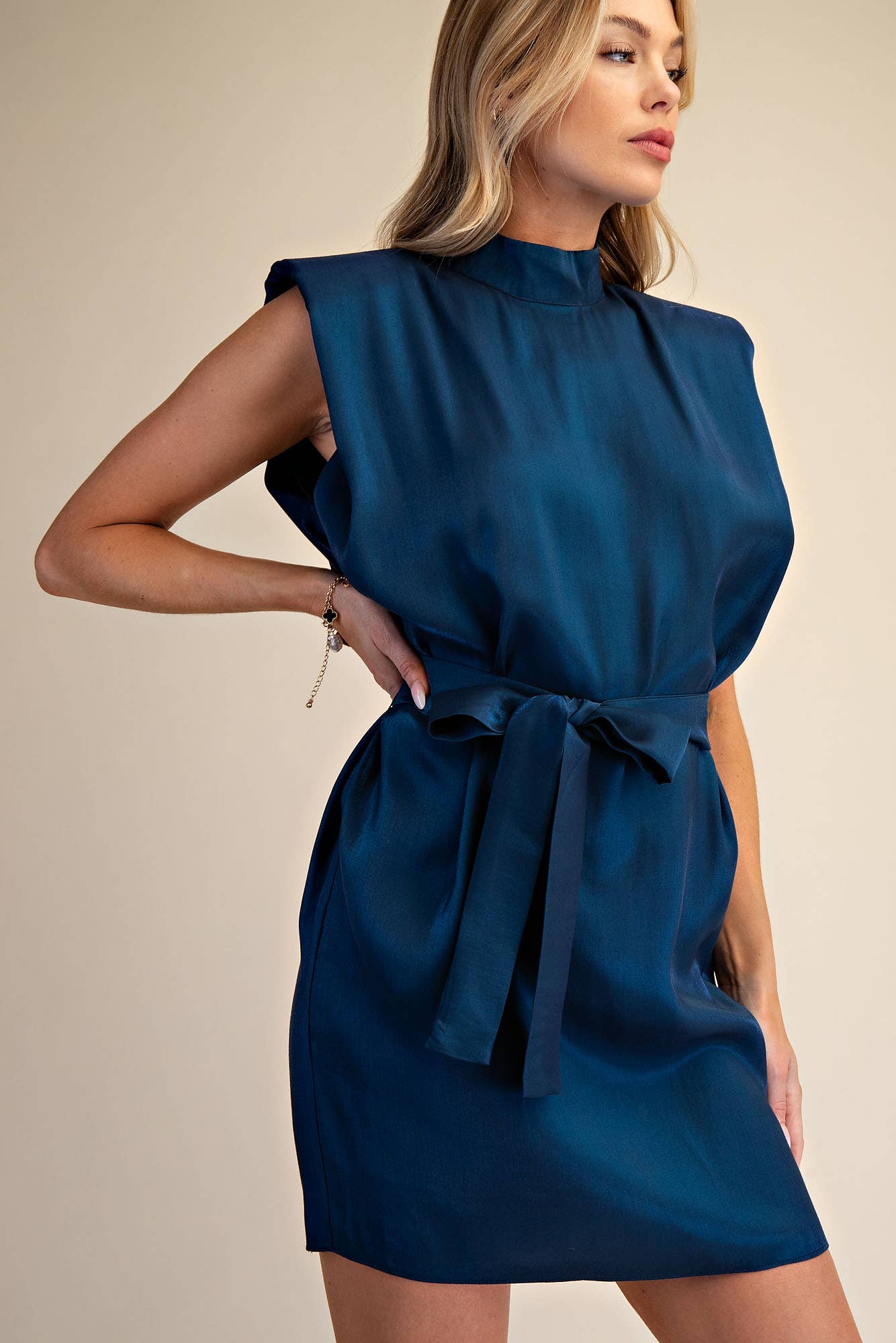Mock Neck Shoulder Padded Waist Tie Mini Satin Dress: Fuchsia / M