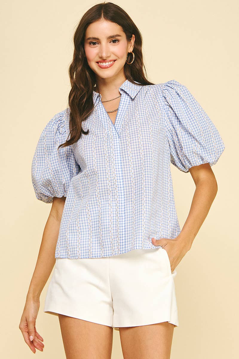 FLORAL PLAID BLOUSE TOP - 5707TD: LIGHT BLUE / L
