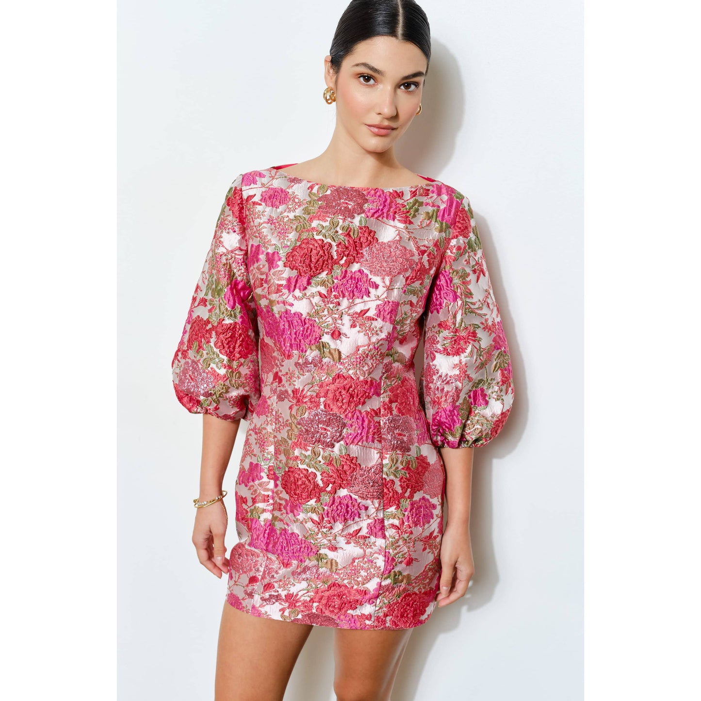 Luxe Metallic Floral Jacquard 3/4 Puff Mini Dress: CORAL / L