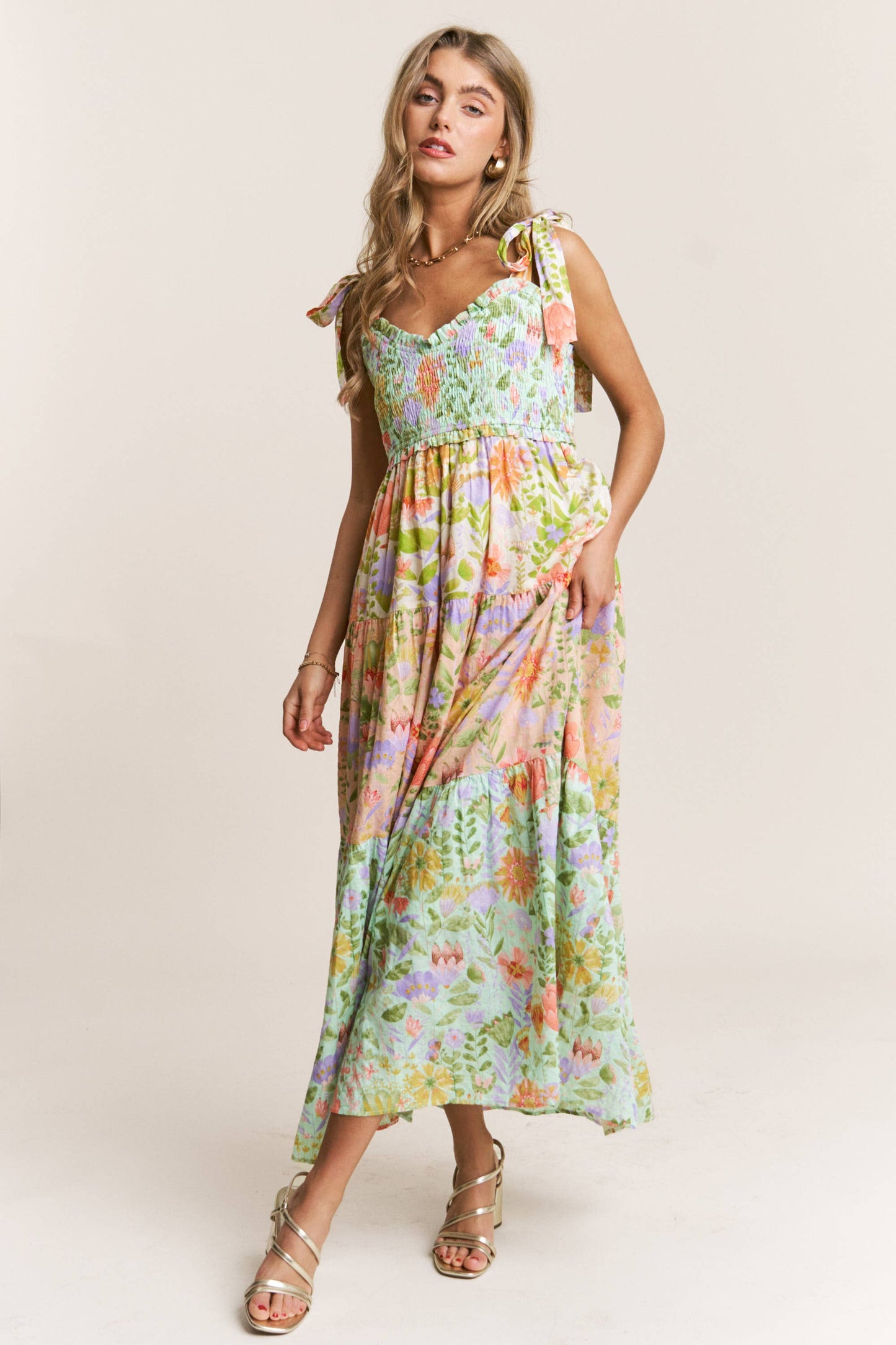 Smocked V-neck Tiered Multi Print Dress: Garden Dream / L