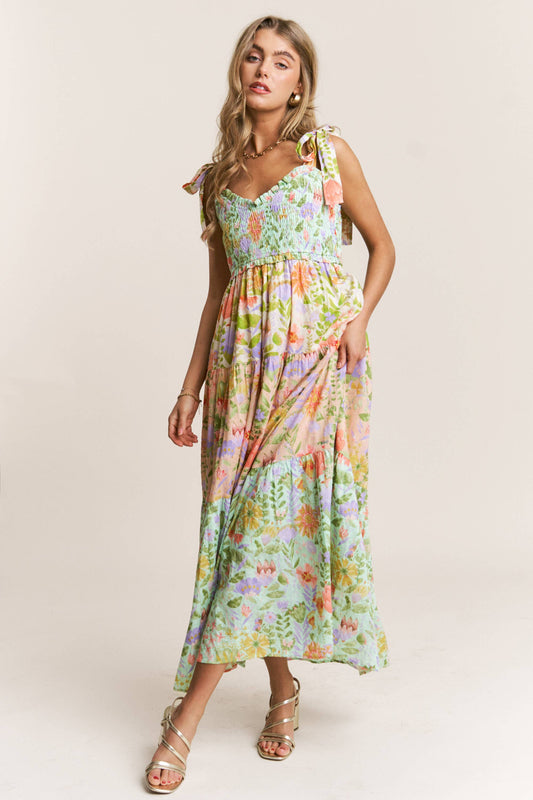 Smocked V-neck Tiered Multi Print Dress: Garden Dream / M