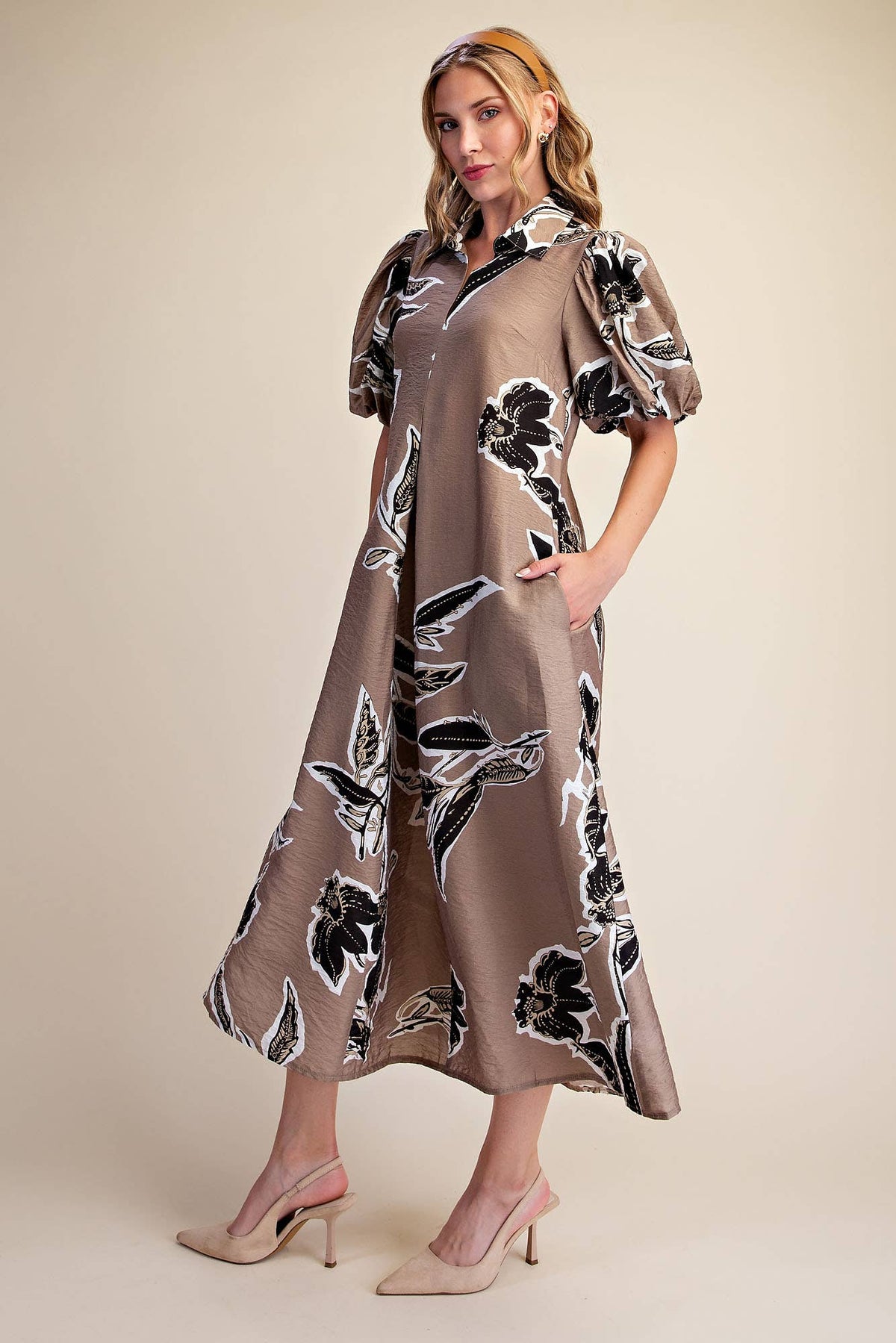 Fall/Winter Print Puff Sleeve Midi Dress : Rust / S