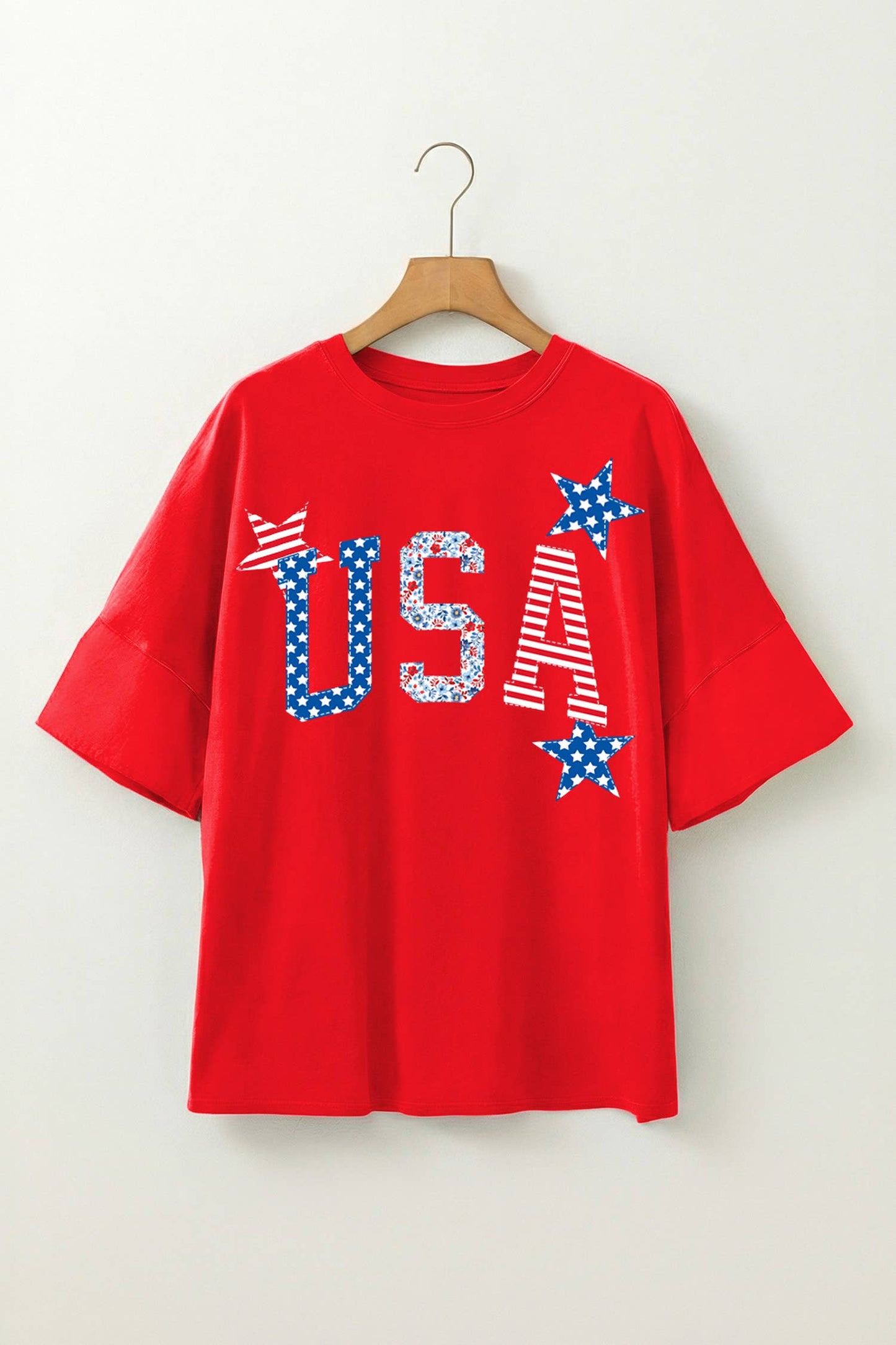 USA Patriotic Star Patched Oversize Tee | S-XL: Fiery Red / M