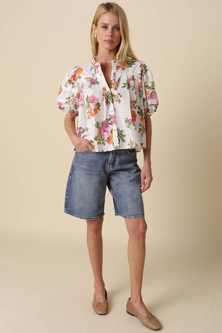 Megan Floral Puff-Sleeve Blouse: White Pink Floral / Contemporary / L