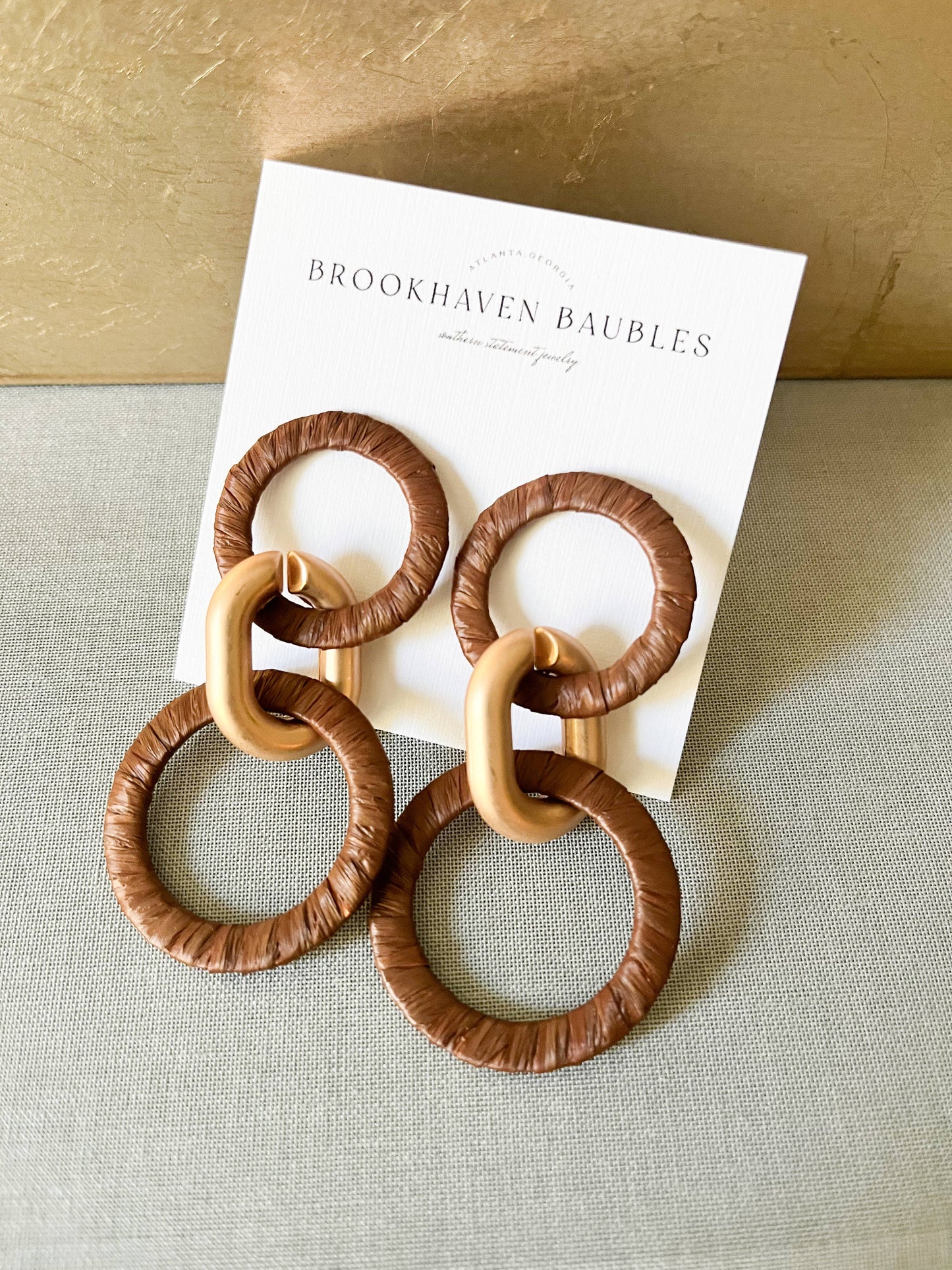 Chocolate Brown & Matte Gold Raffia circle Link Earrings