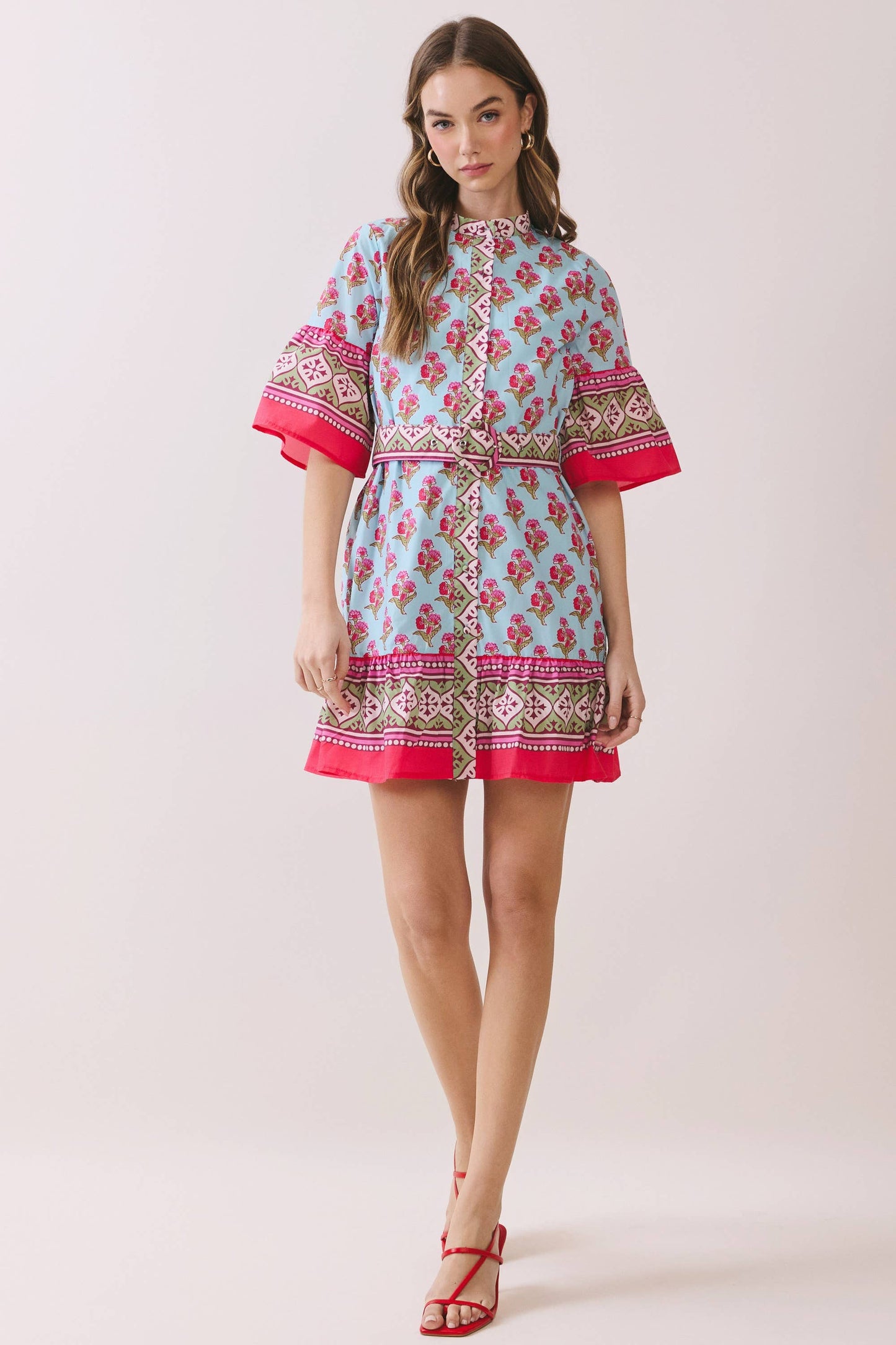 CD06716-Printed Belted Mini Dress with Contrast Border: MULTI / S