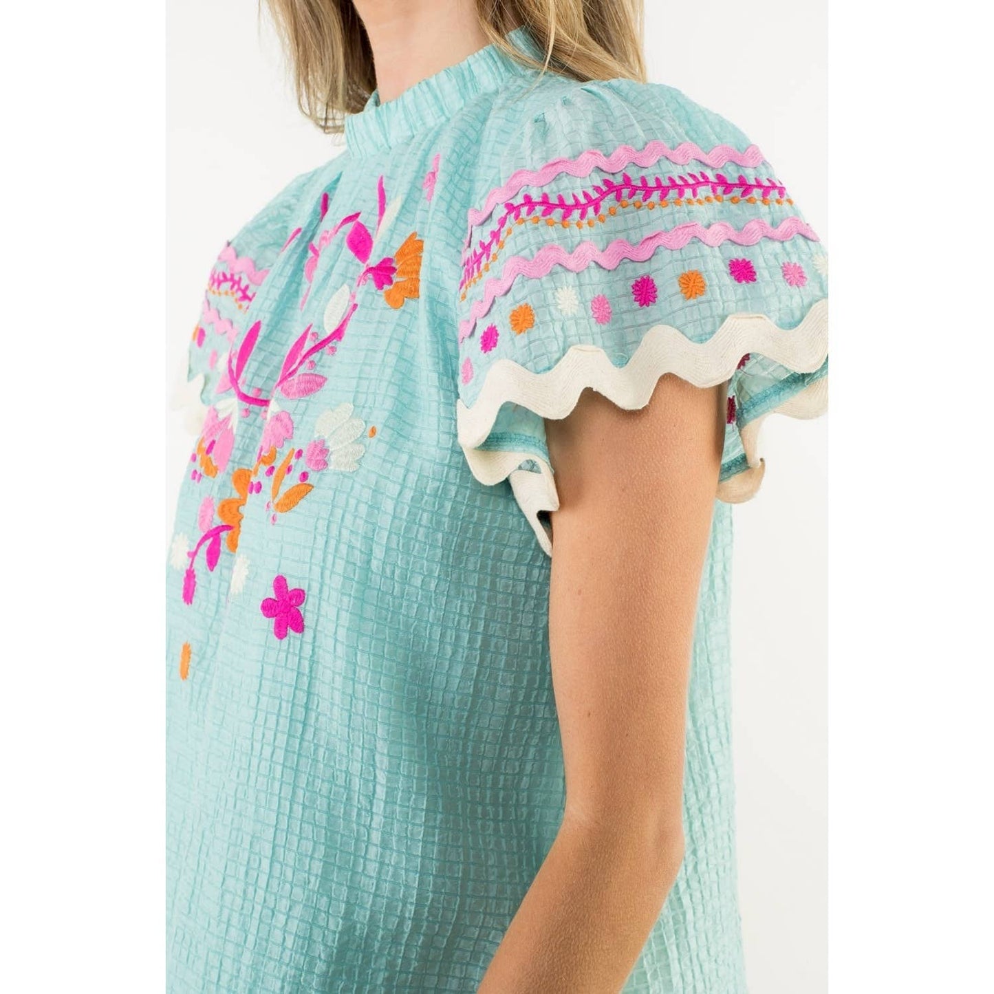 Flutter Sleeve Embroidered Detail Textured Top: AQUA / XS-S-M-L(1-2-2-1)