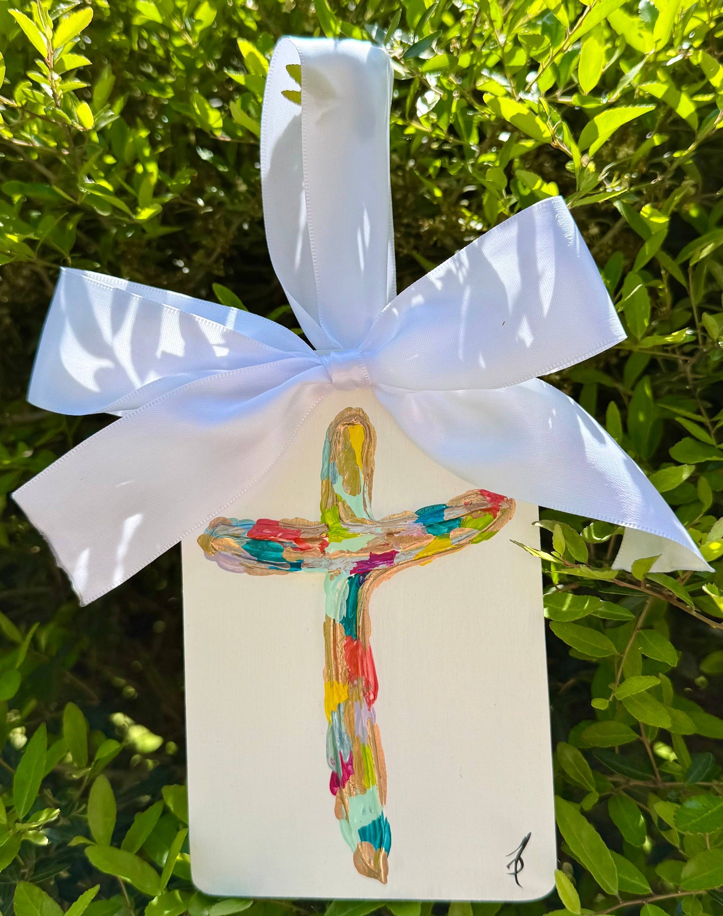 Textured cross Christmas ornament with satin ribbon : Gold