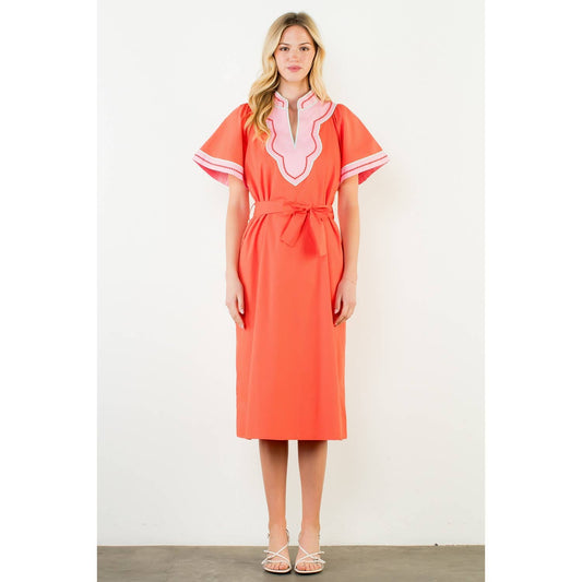 Short Sleeve Trimmed V-Neck Belted Dress: RED / XS-S-M-L(1-2-2-1)